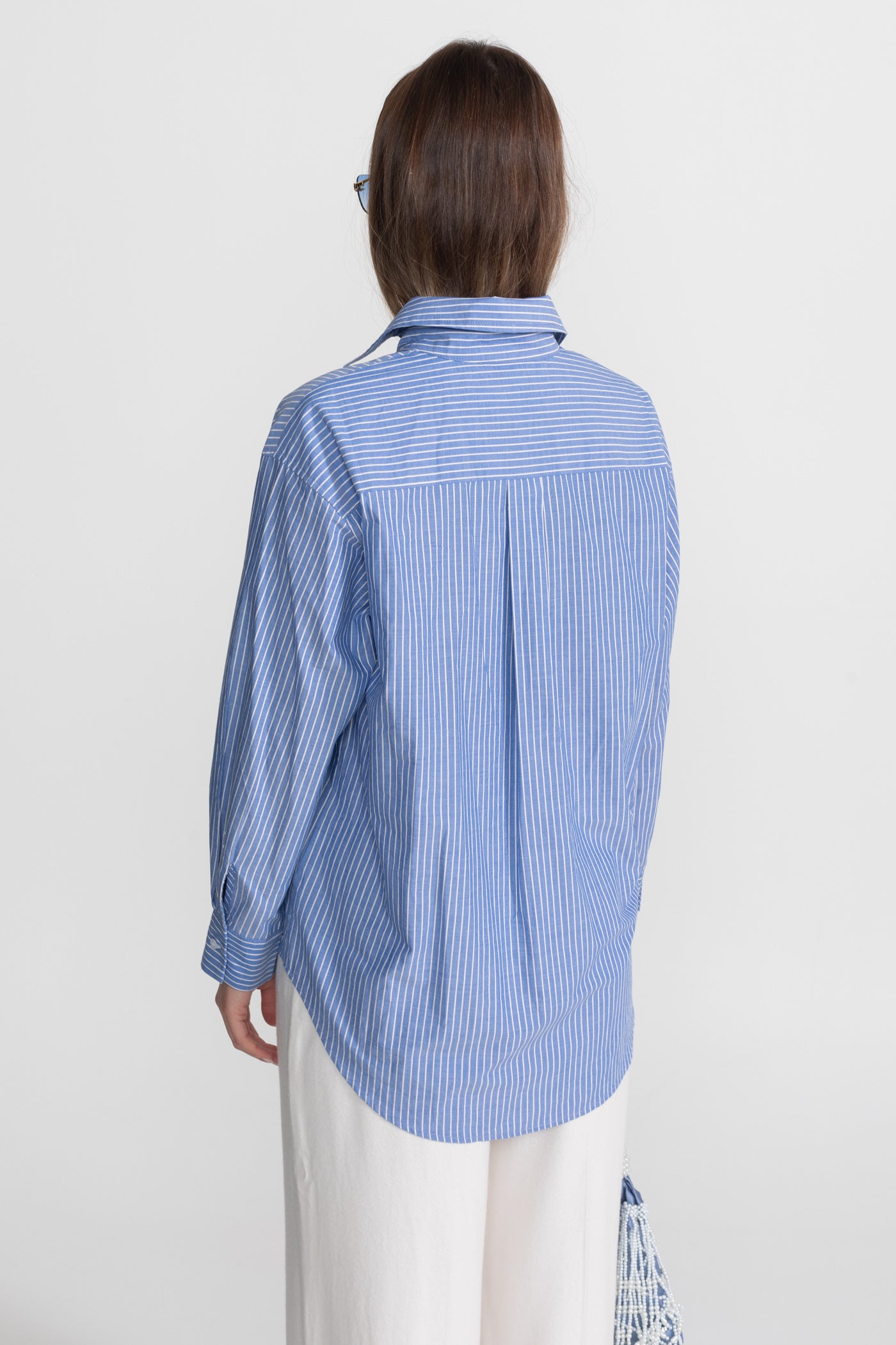 Camicia in Cotone a Righe con Dettaglio Fiocco Oversize – Blue