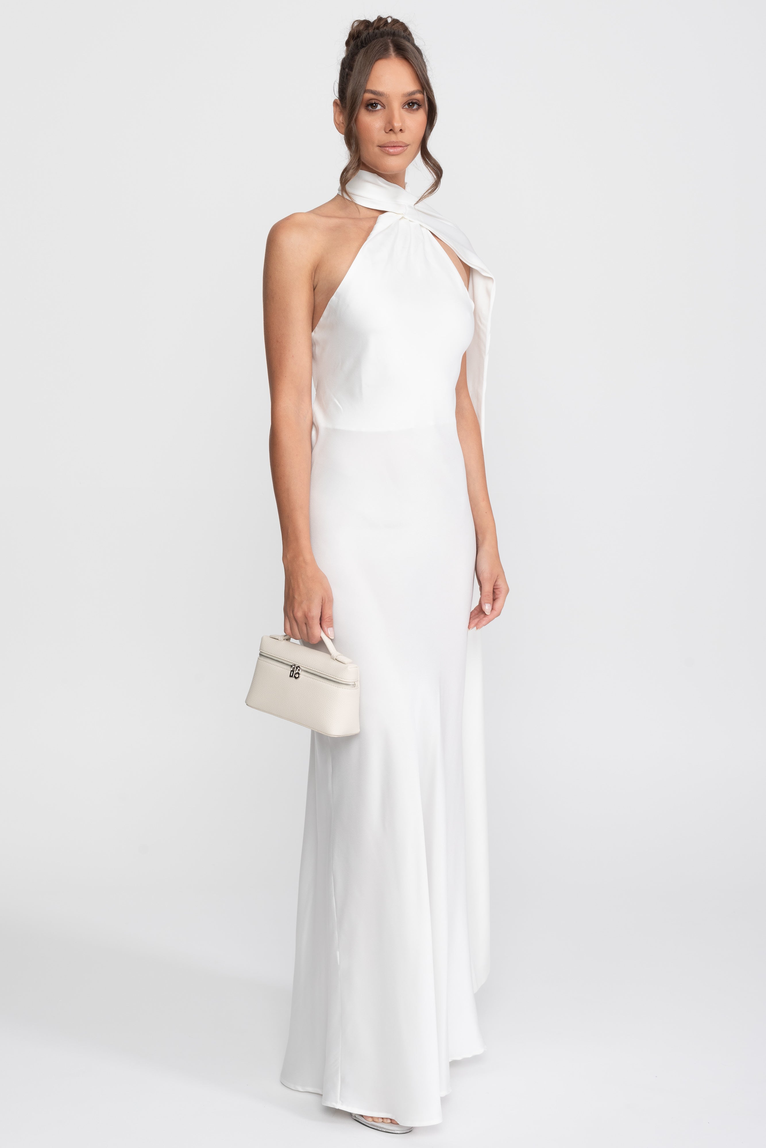 Twist Halter Satin Slip Dress With Asymmetric Neckline - White
