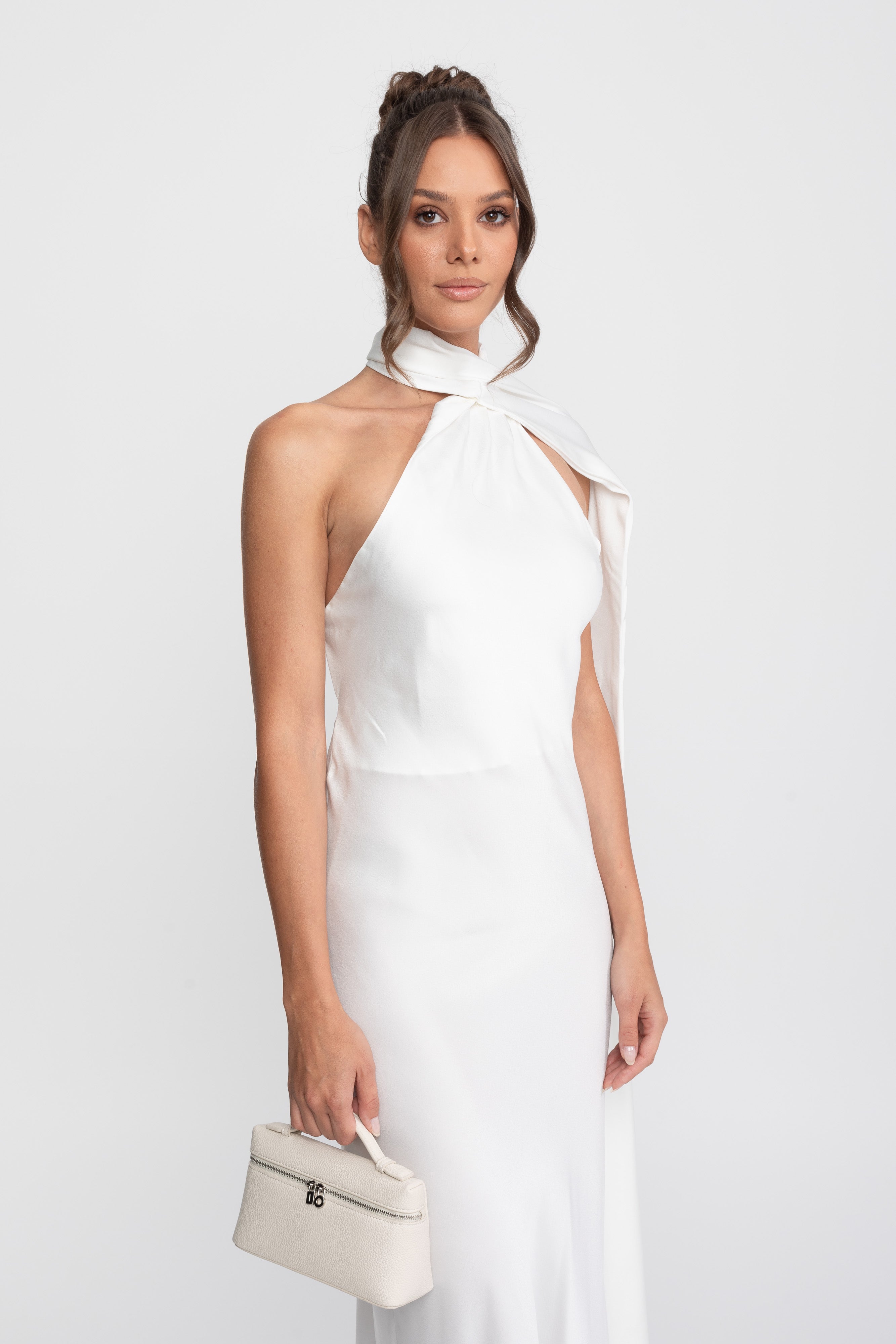Twist Halter Satin Slip Dress With Asymmetric Neckline - White