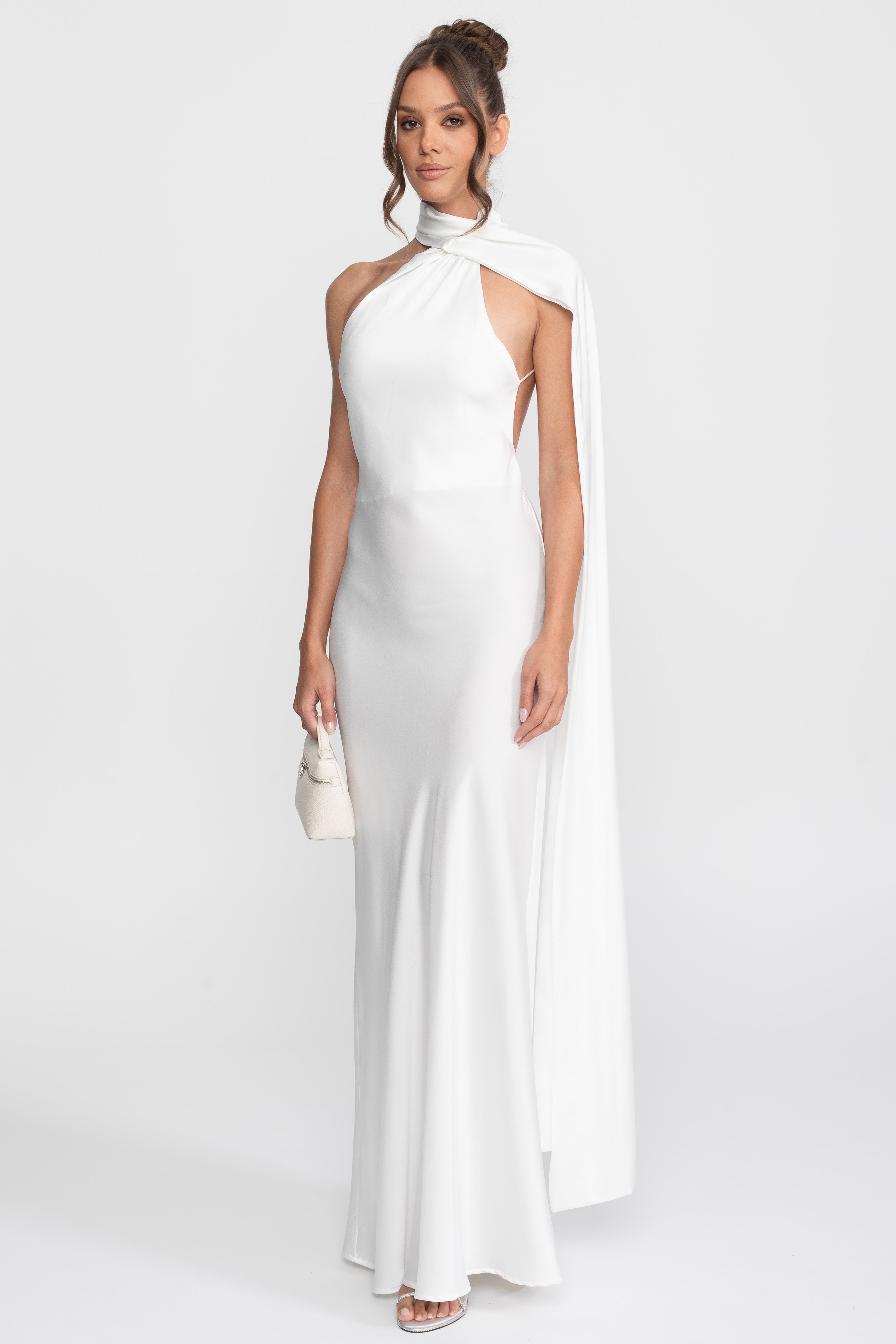 Twist Halter Satin Slip Dress With Asymmetric Neckline - White