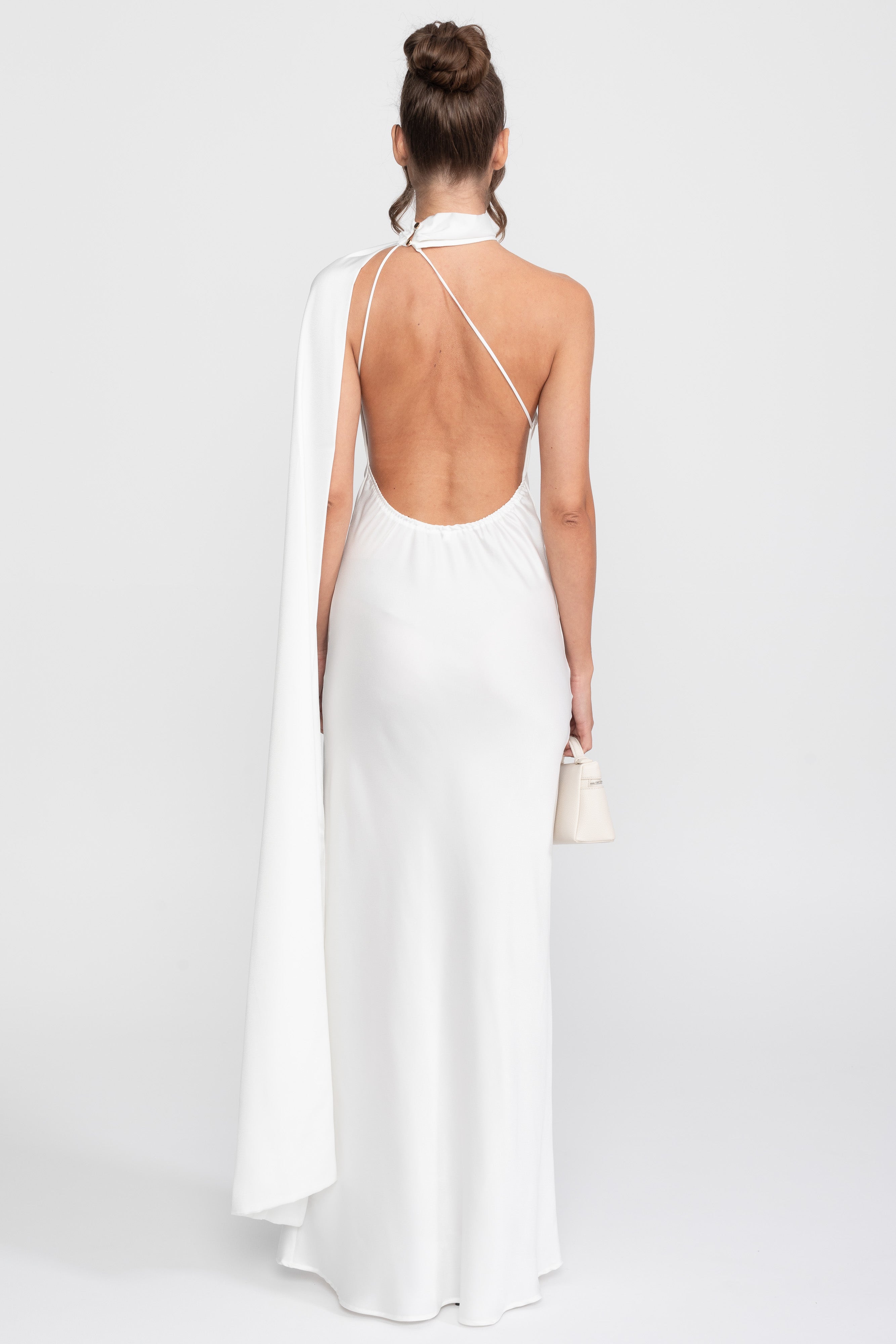 Twist Halter Satin Slip Dress With Asymmetric Neckline - White