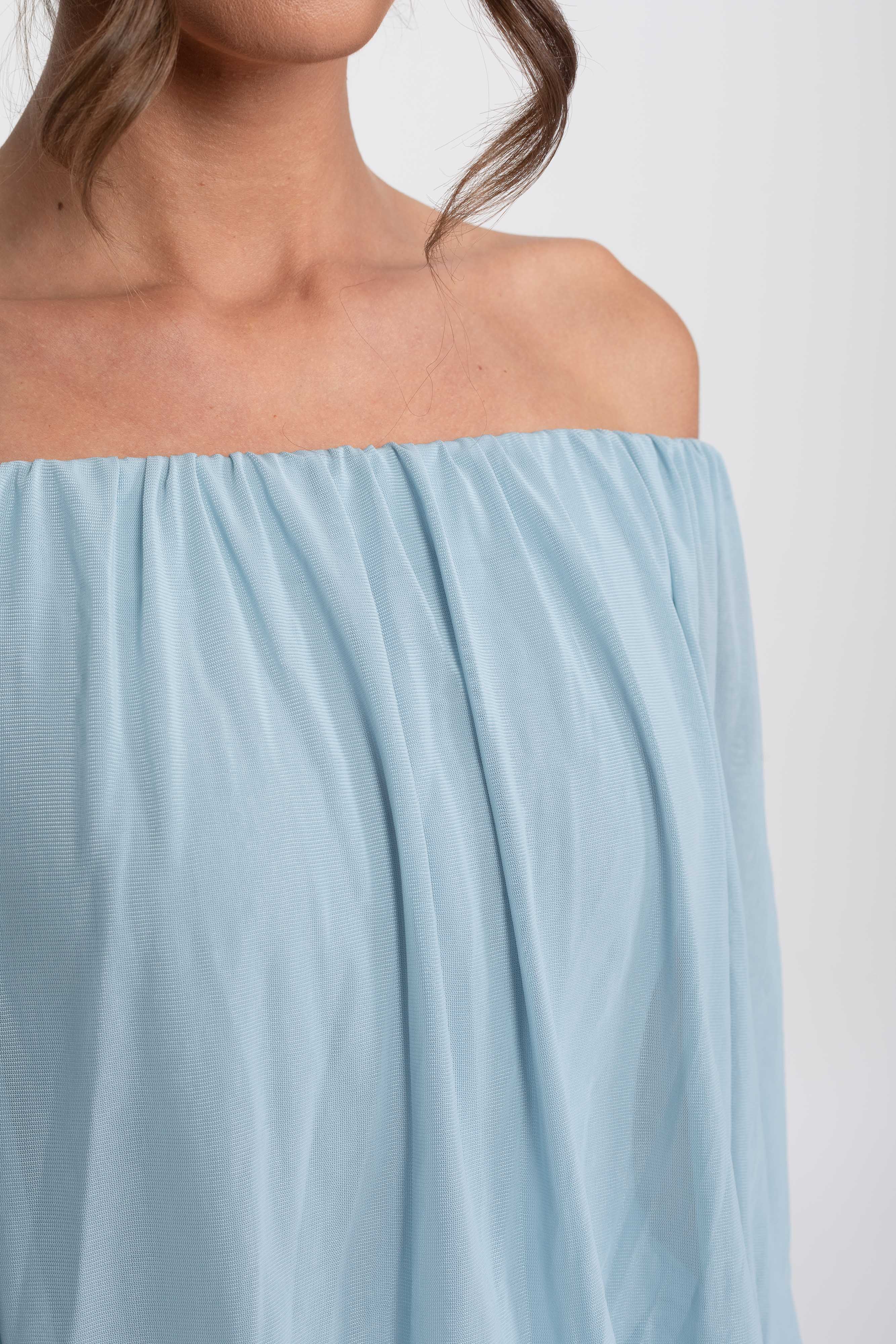 Off-Shoulder Ruched Wrap Mini Dress With Tie Waist - Light Blue