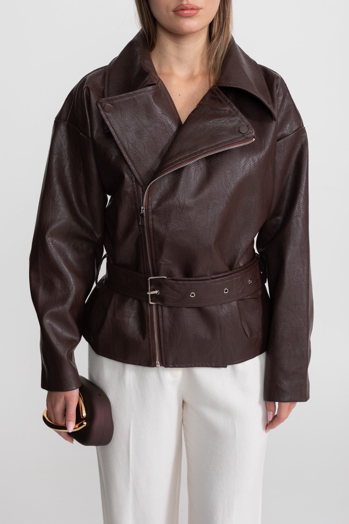 Giacca Biker Cinturata con Ampi Rever – Marrone Cioccolato