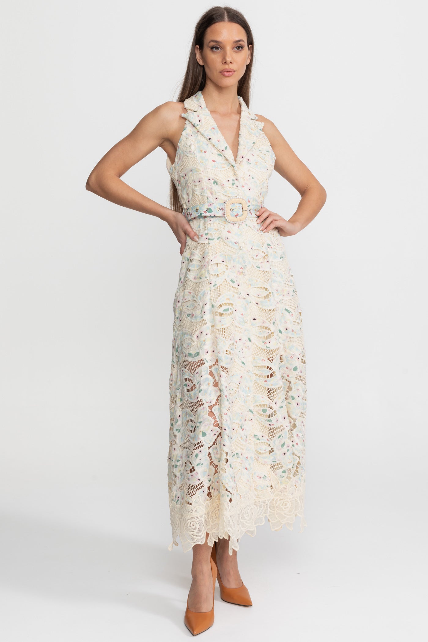 Halter Lace Midi Dress with Belted Waist – Ivoire