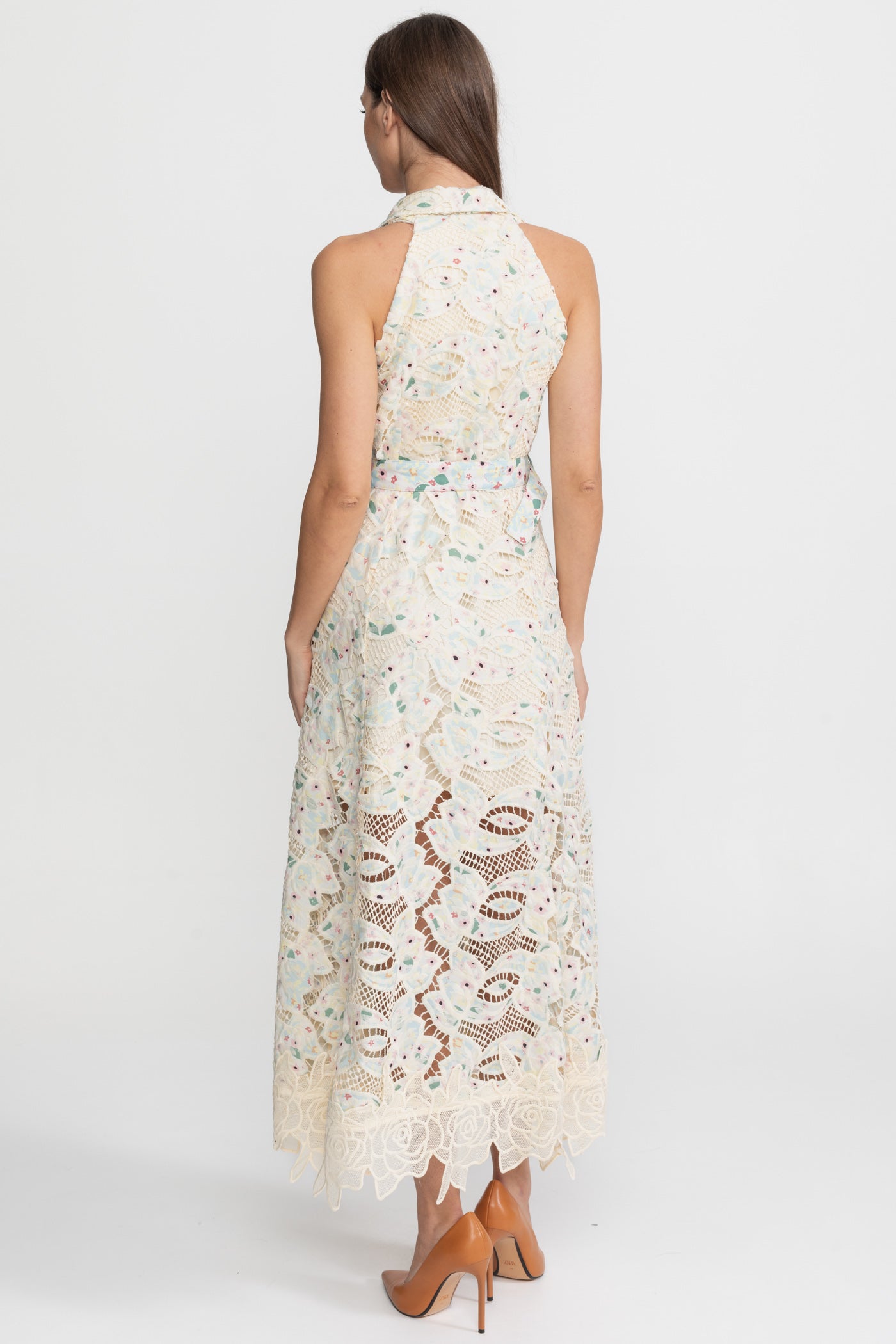 Abito Midi in Pizzo con Scollo Halter e Vita Cinturata – Ivoire