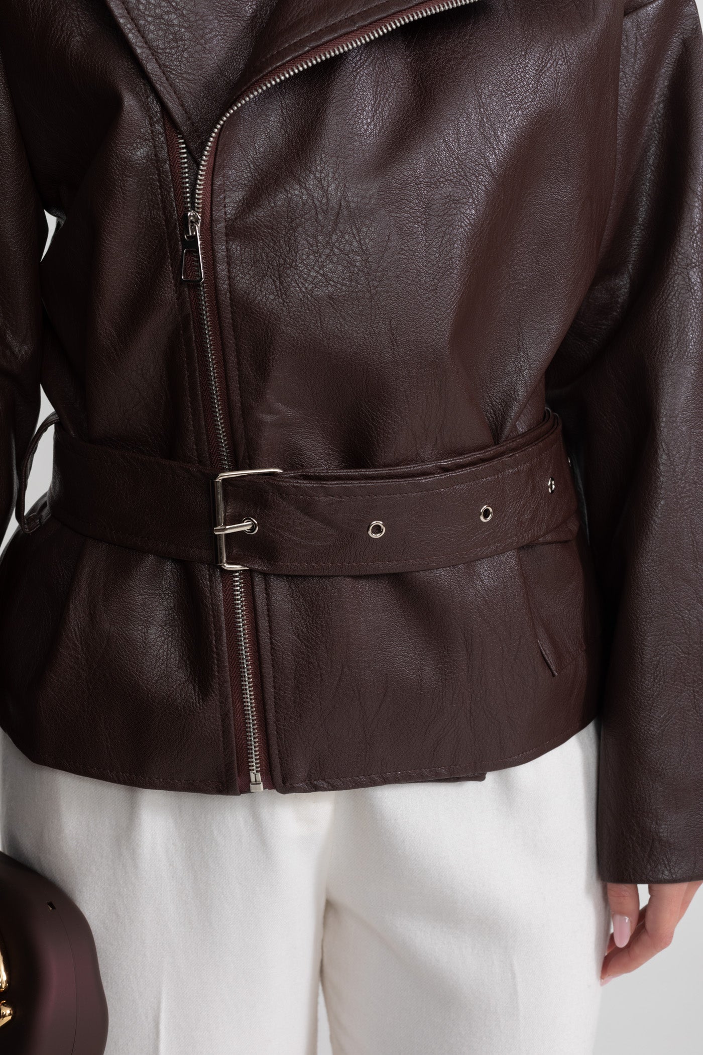 Giacca Biker Cinturata con Ampi Rever – Marrone Cioccolato