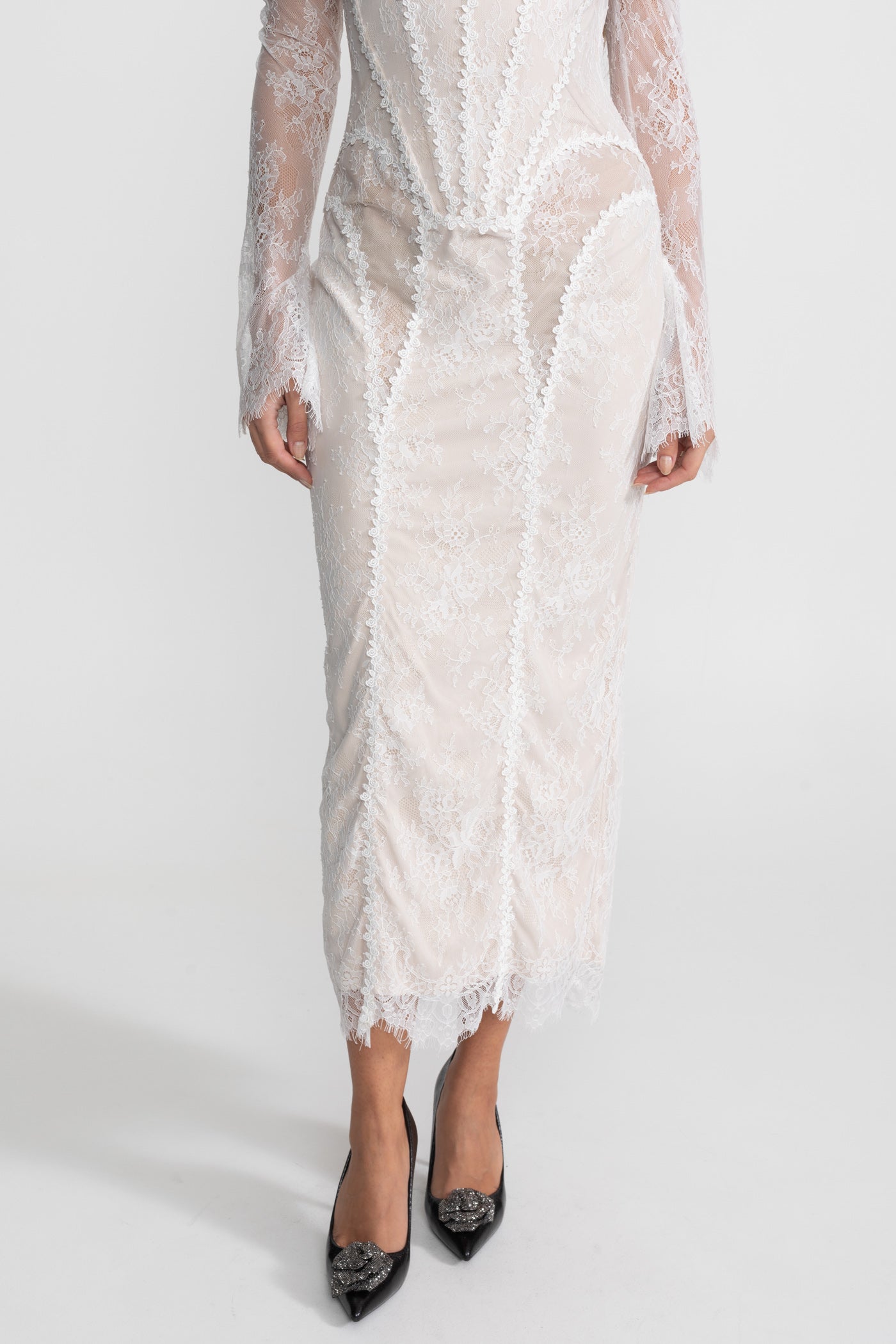 Off-Shoulder Lace Midi Dress with Pearl-Trimmed Bustier - Ivoire