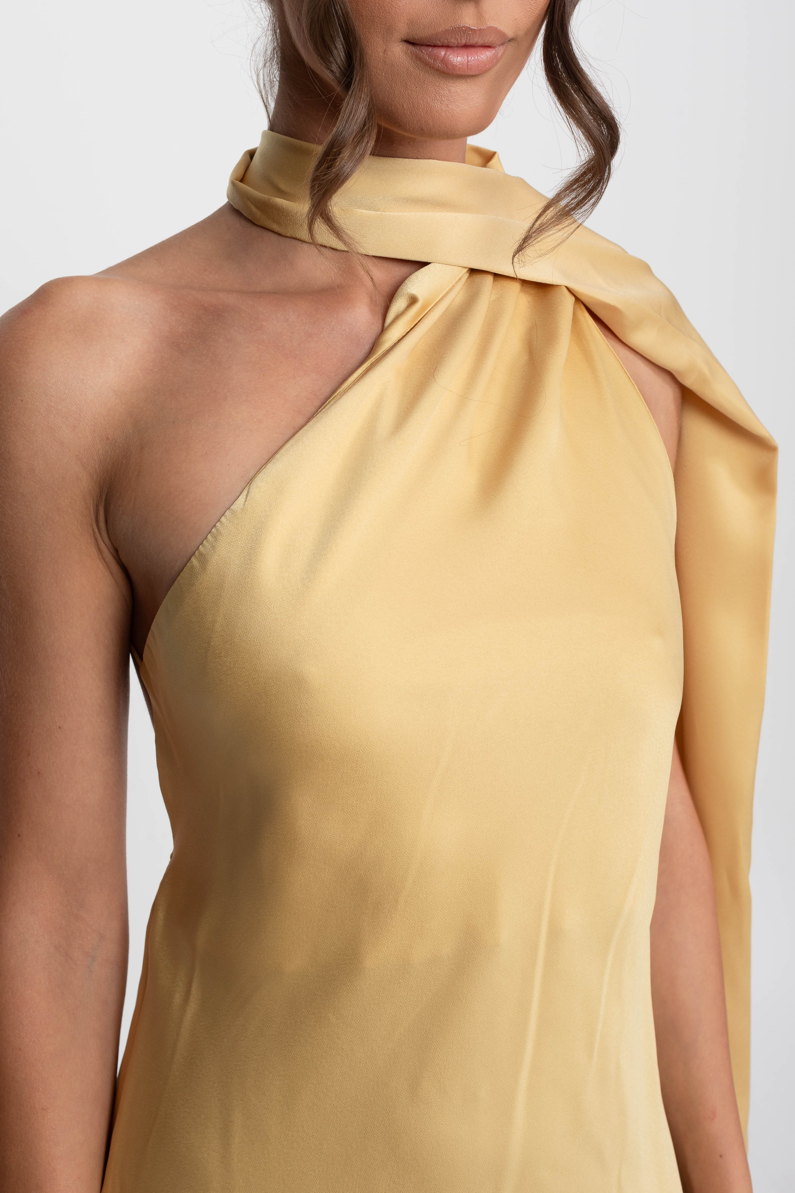 Twist Halter Satin Slip Dress With Asymmetric Neckline - Yellow