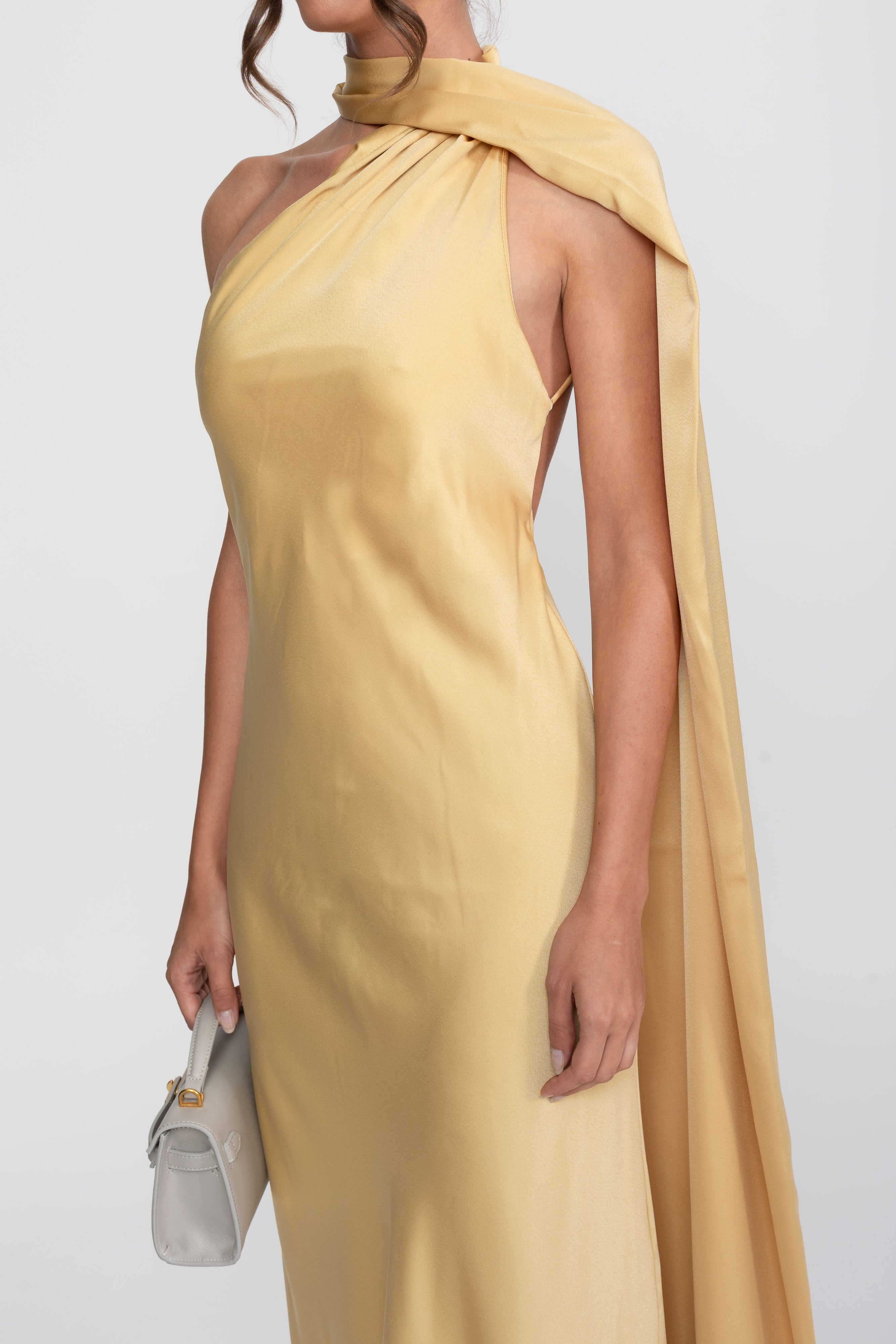 Twist Halter Satin Slip Dress With Asymmetric Neckline - Yellow