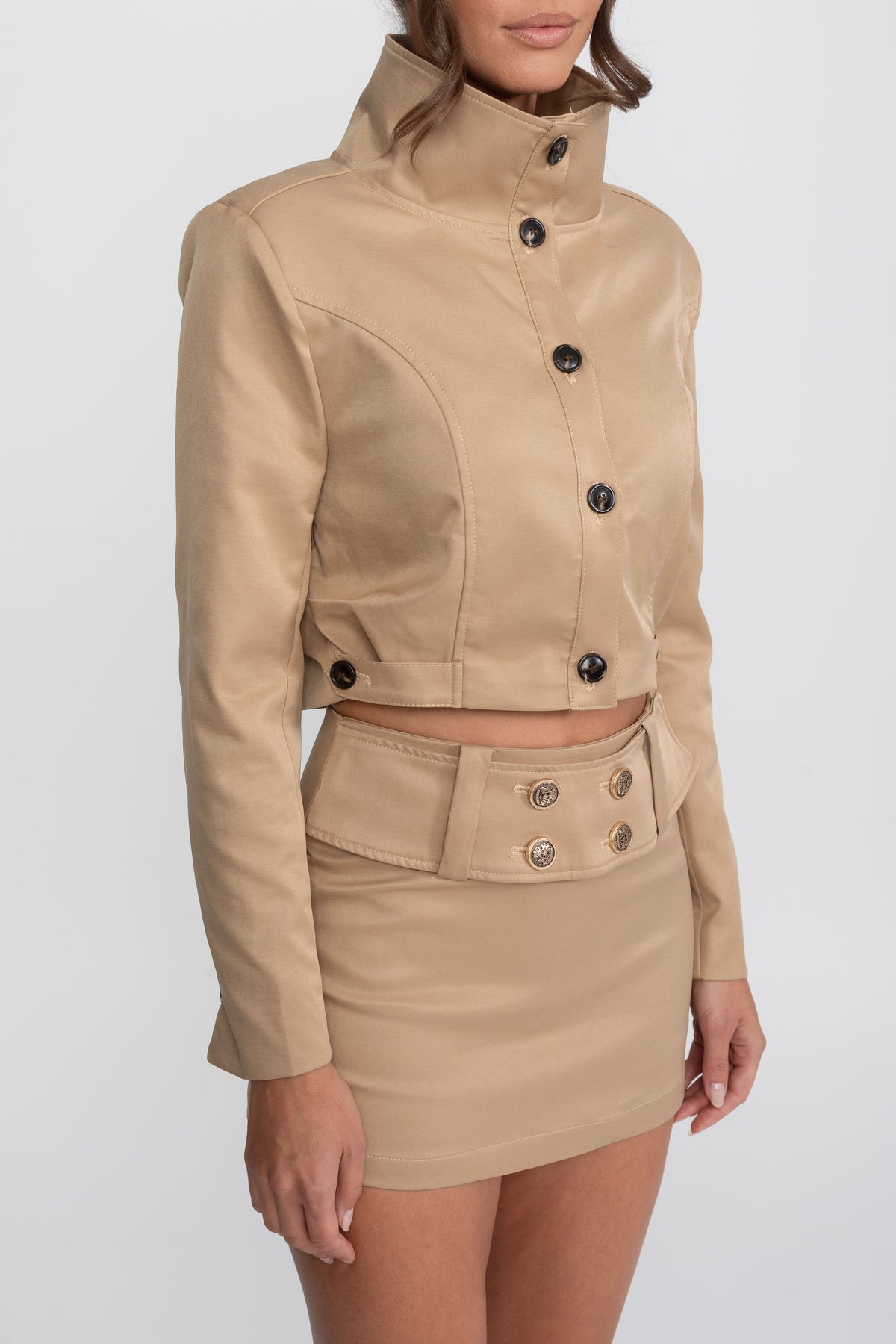 Double-Breasted Cropped Jacket And Mini Skirt Co-Ord Set - Khaki