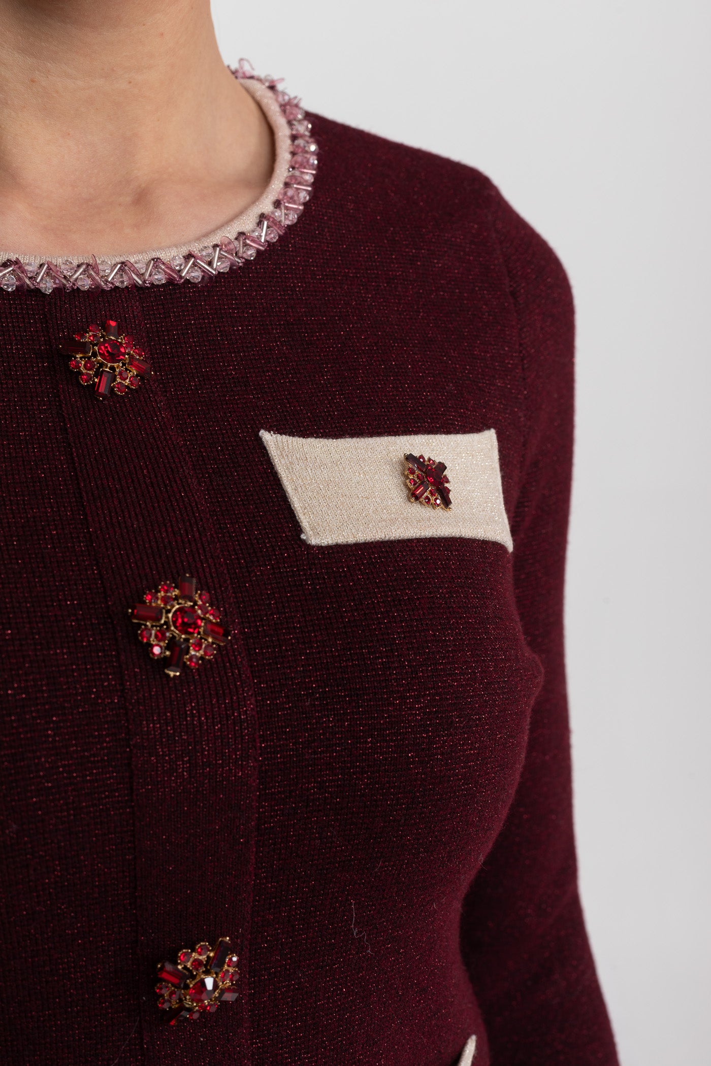 Completo Coordinato in Maglia a Manica Lunga con Bordo a Contrasto e Decorazioni Scintillanti - Burgundy