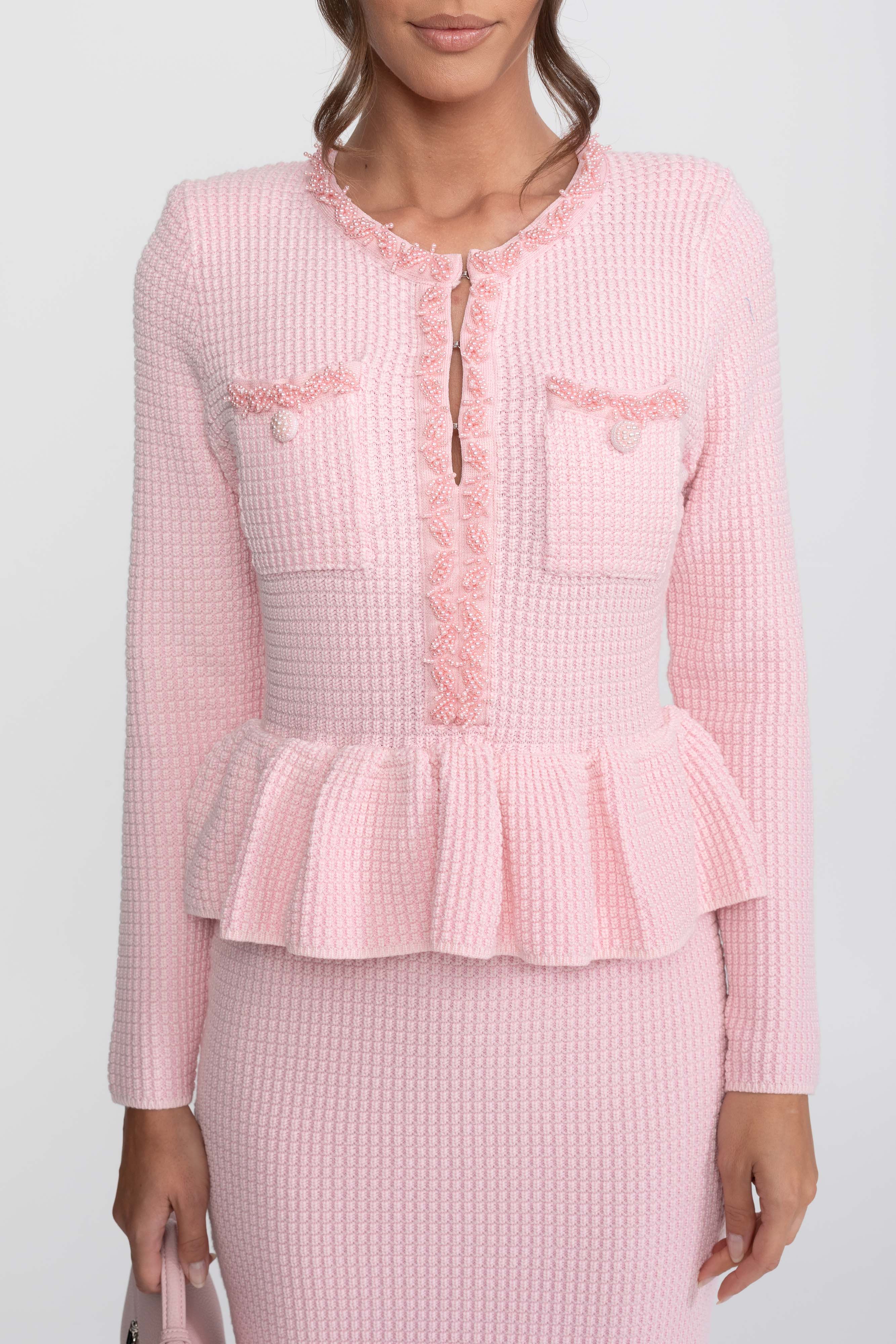 Abito Peplum in Maglia con Rifiniture Frangiate e Tasche Frontali sul Petto - Rosa