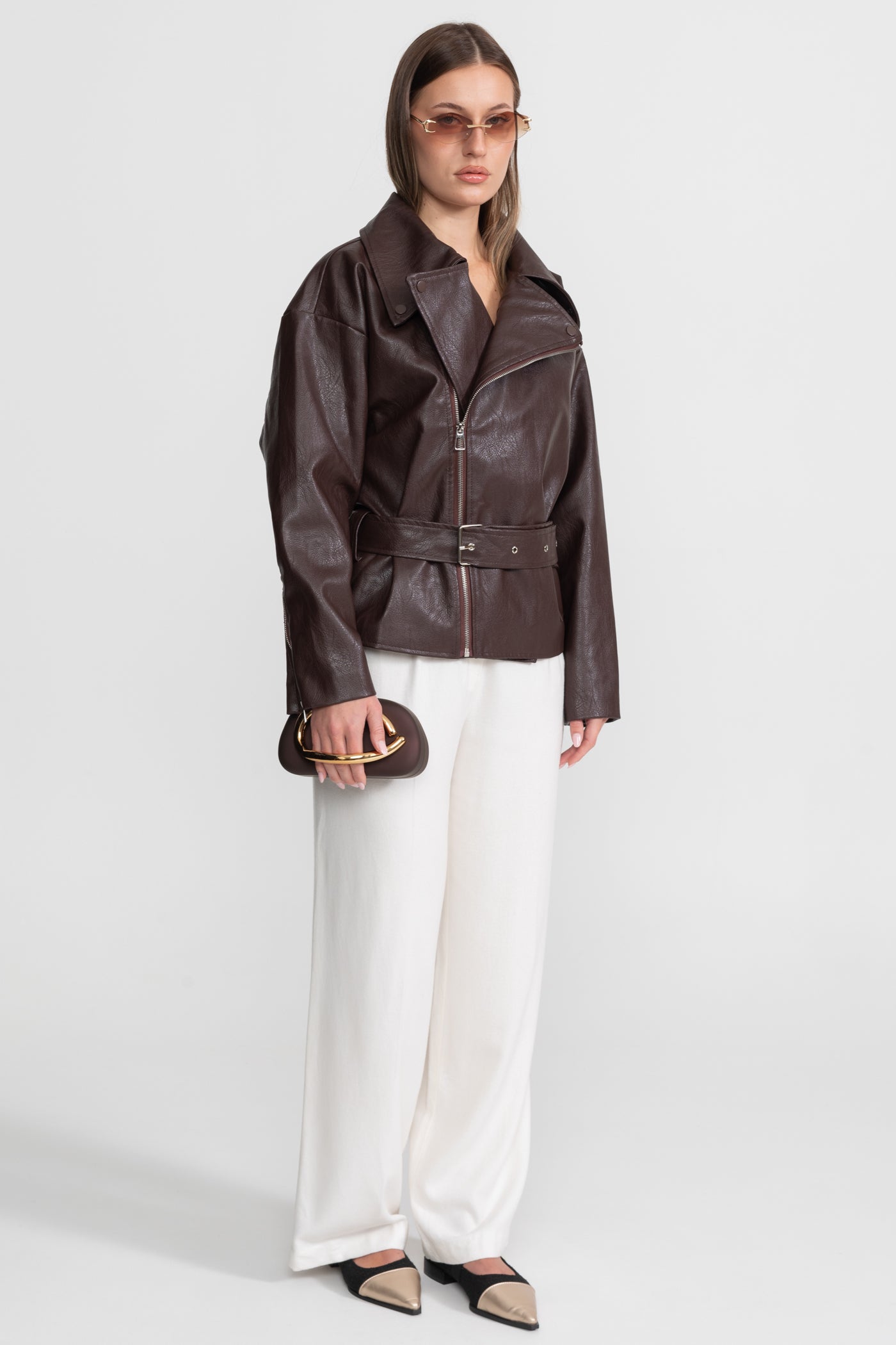 Giacca Biker Cinturata con Ampi Rever – Marrone Cioccolato