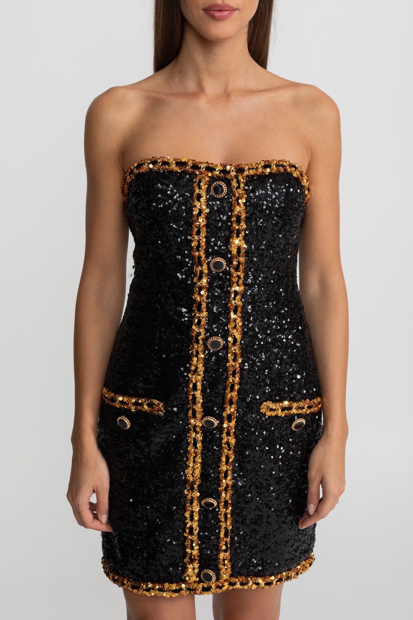 Mini abito senza spalline in paillettes con dettagli in catena – Nero