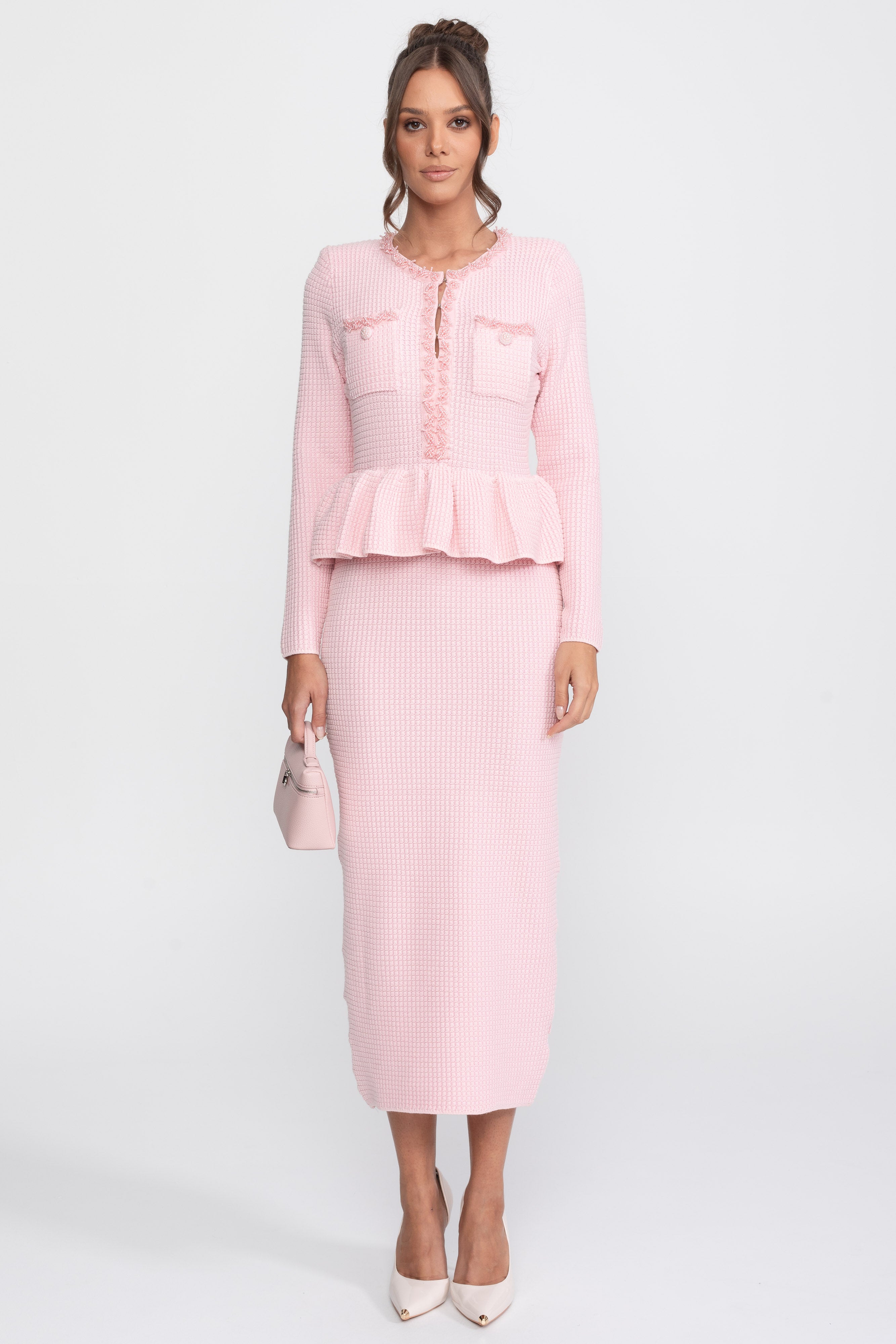 Abito Peplum in Maglia con Rifiniture Frangiate e Tasche Frontali sul Petto - Rosa