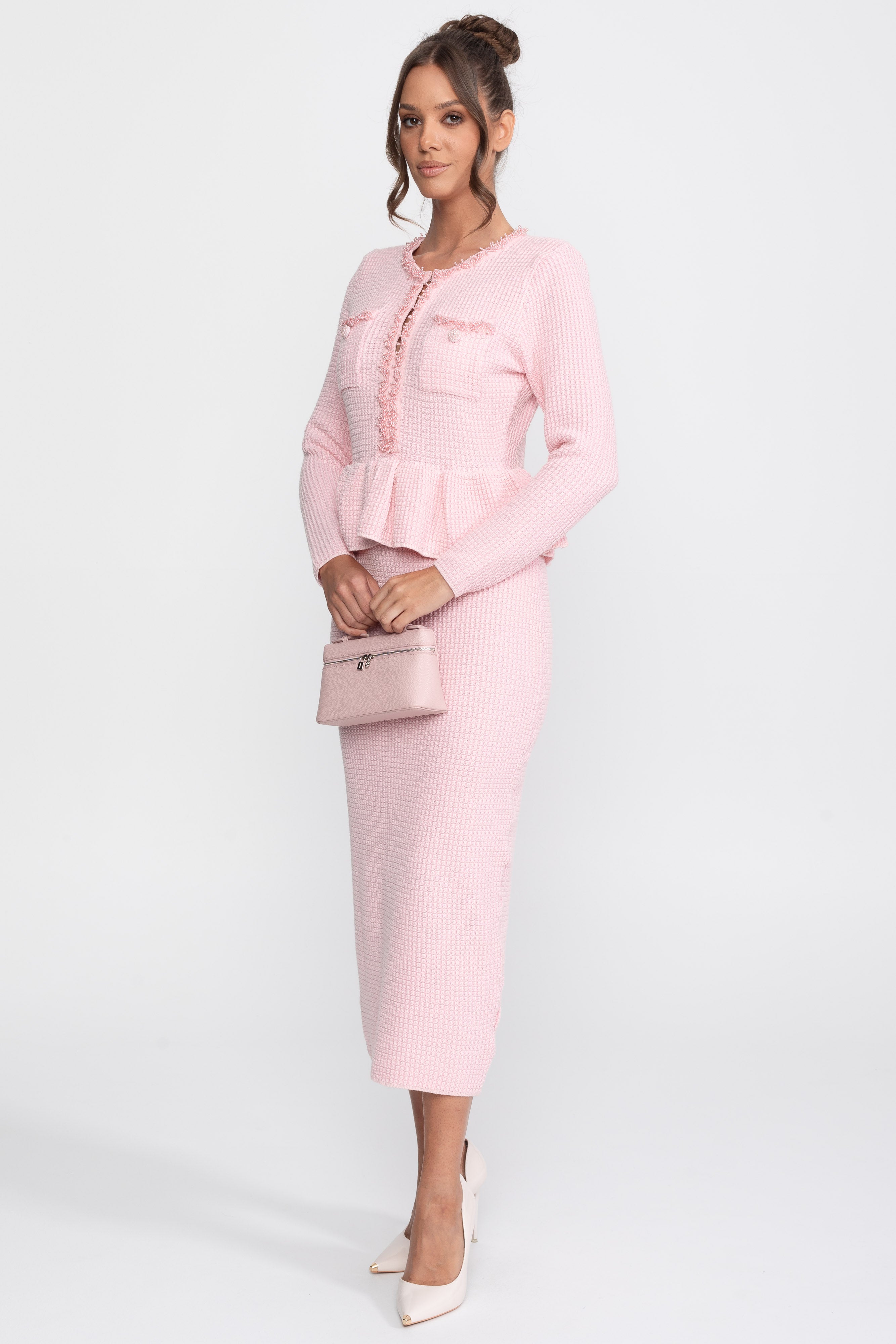 Abito Peplum in Maglia con Rifiniture Frangiate e Tasche Frontali sul Petto - Rosa