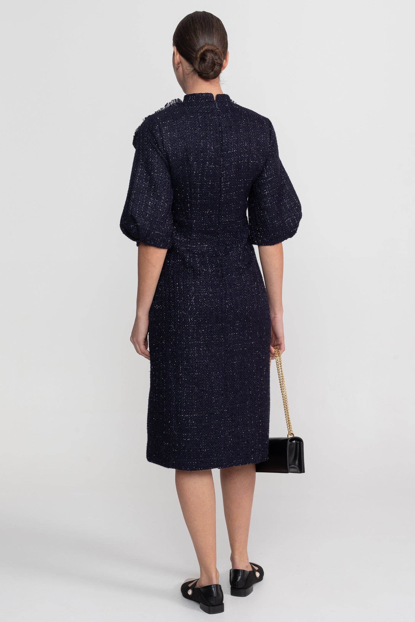 Abito Midi in Tweed con Dettaglio Fiocco Oversize al Collo - Navy