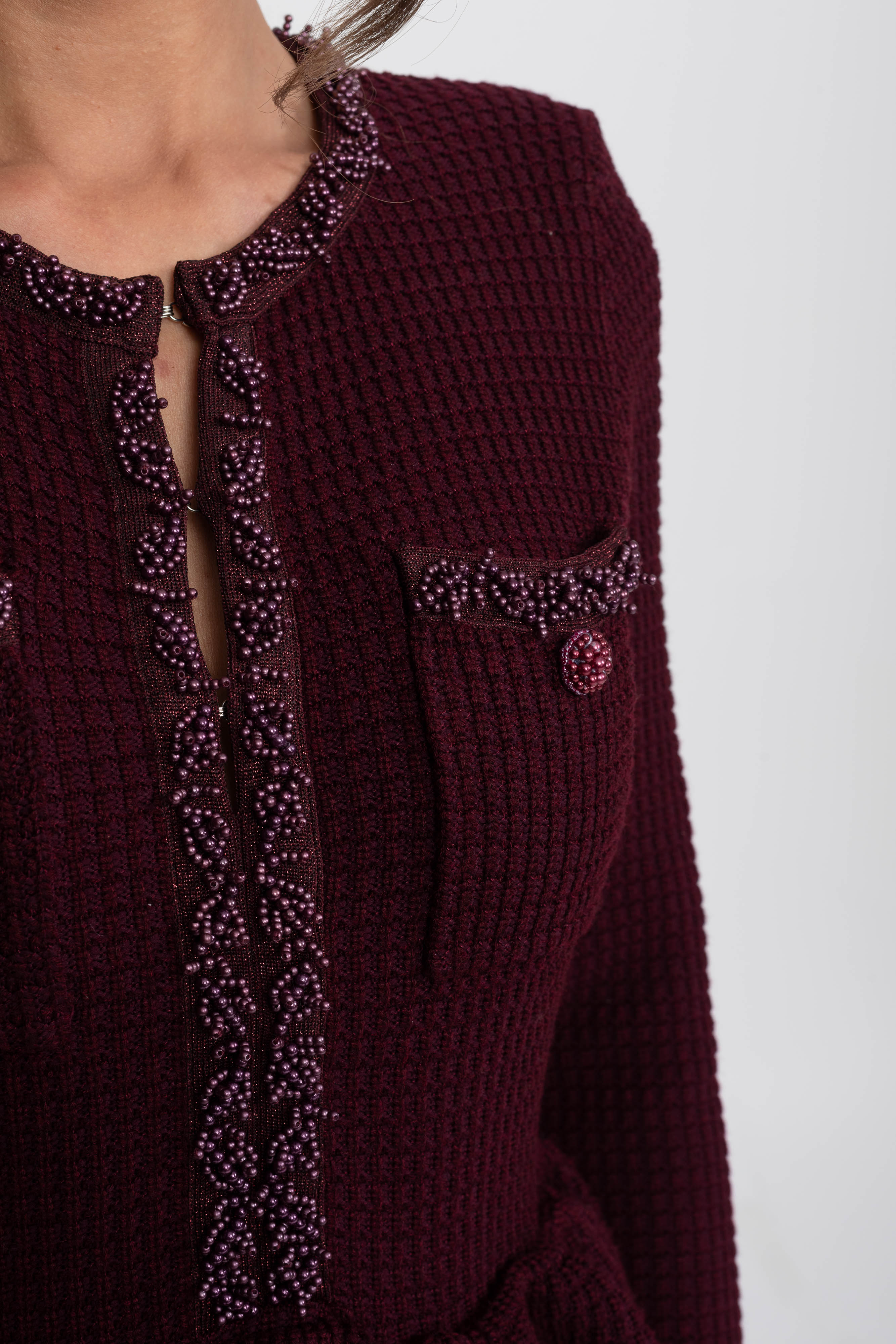 Abito Peplum in Maglia con Rifiniture Frangia e Tasche Frontali sul Petto - Burgundy