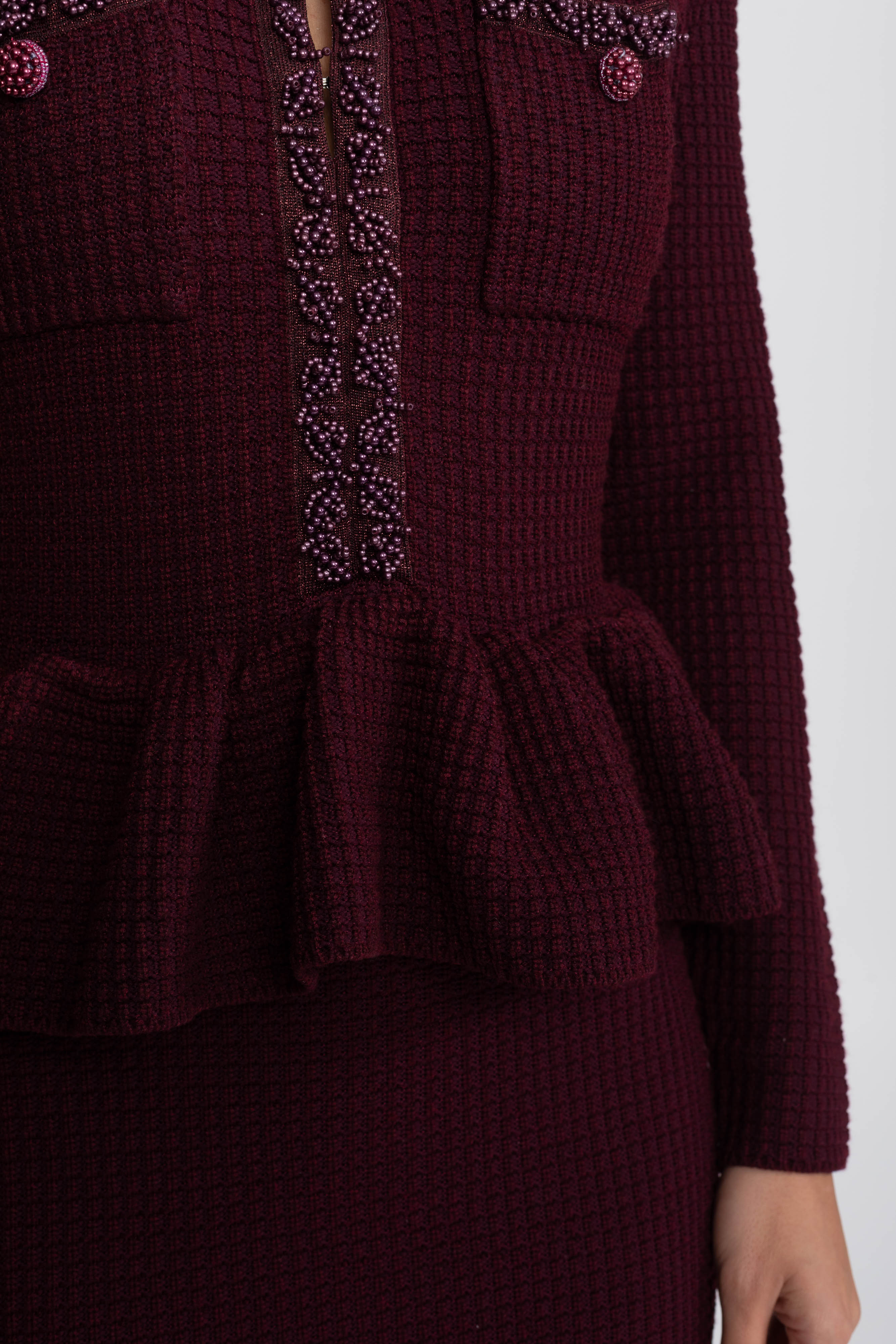 Abito Peplum in Maglia con Rifiniture Frangia e Tasche Frontali sul Petto - Burgundy