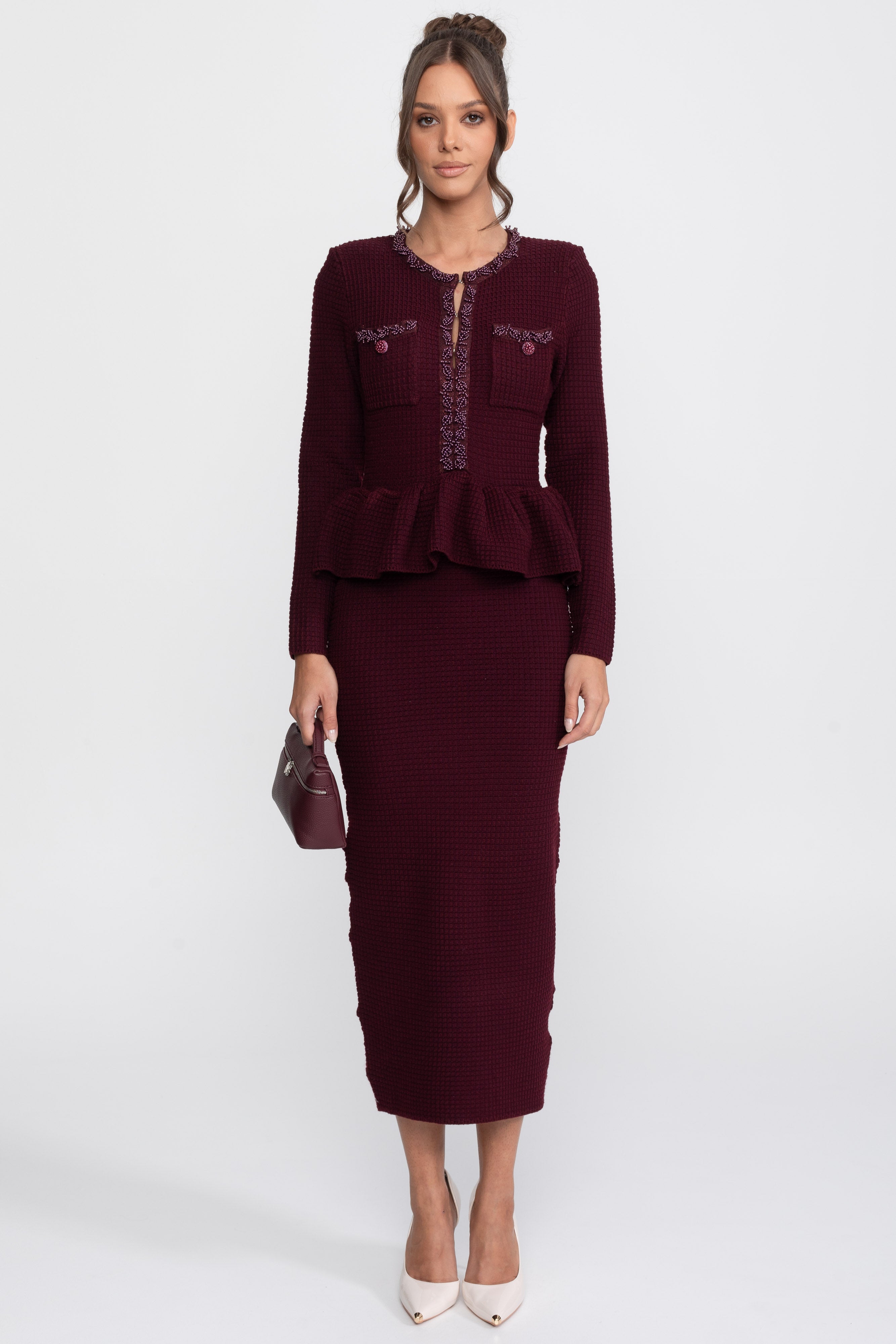 Abito Peplum in Maglia con Rifiniture Frangia e Tasche Frontali sul Petto - Burgundy
