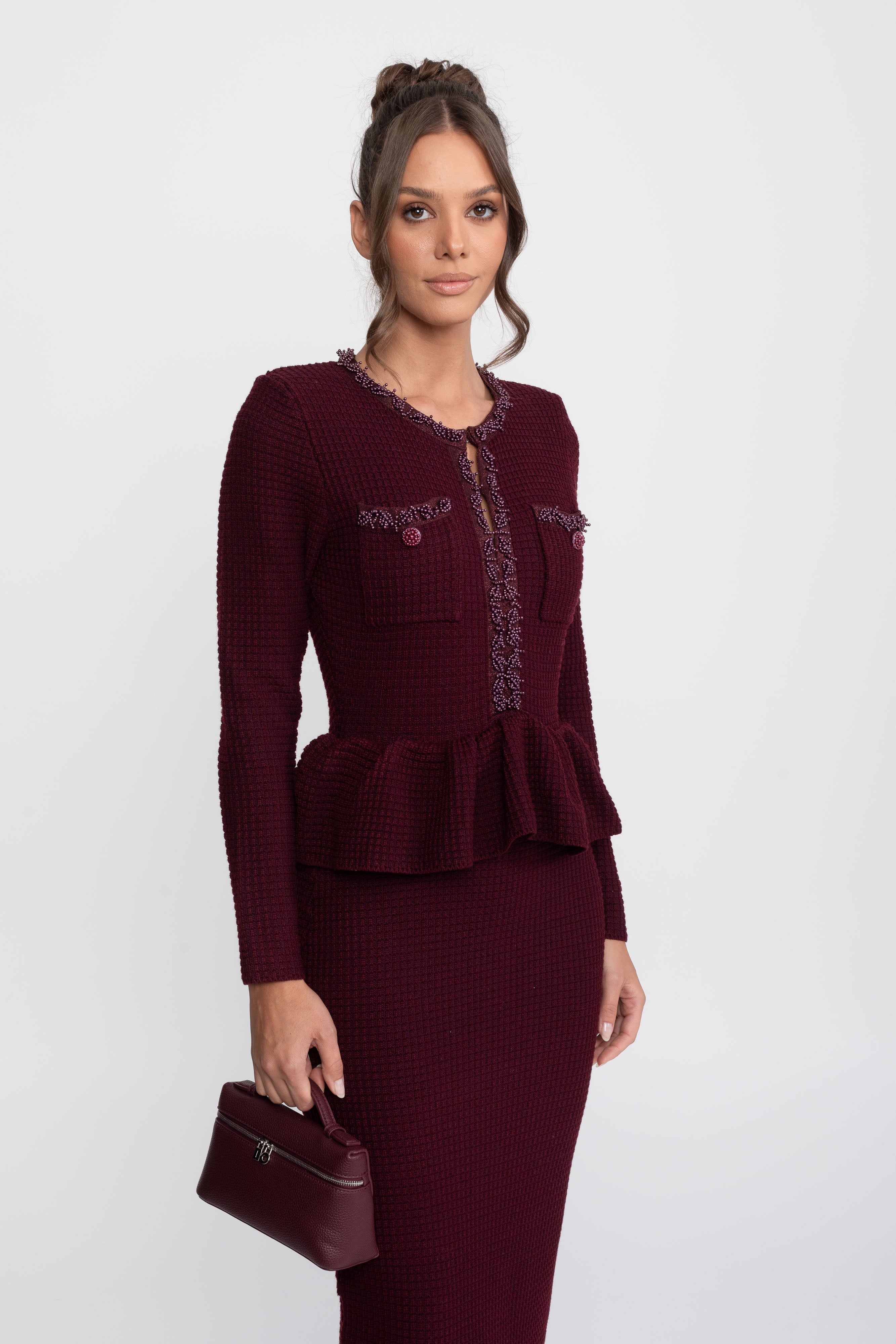 Abito Peplum in Maglia con Rifiniture Frangia e Tasche Frontali sul Petto - Burgundy