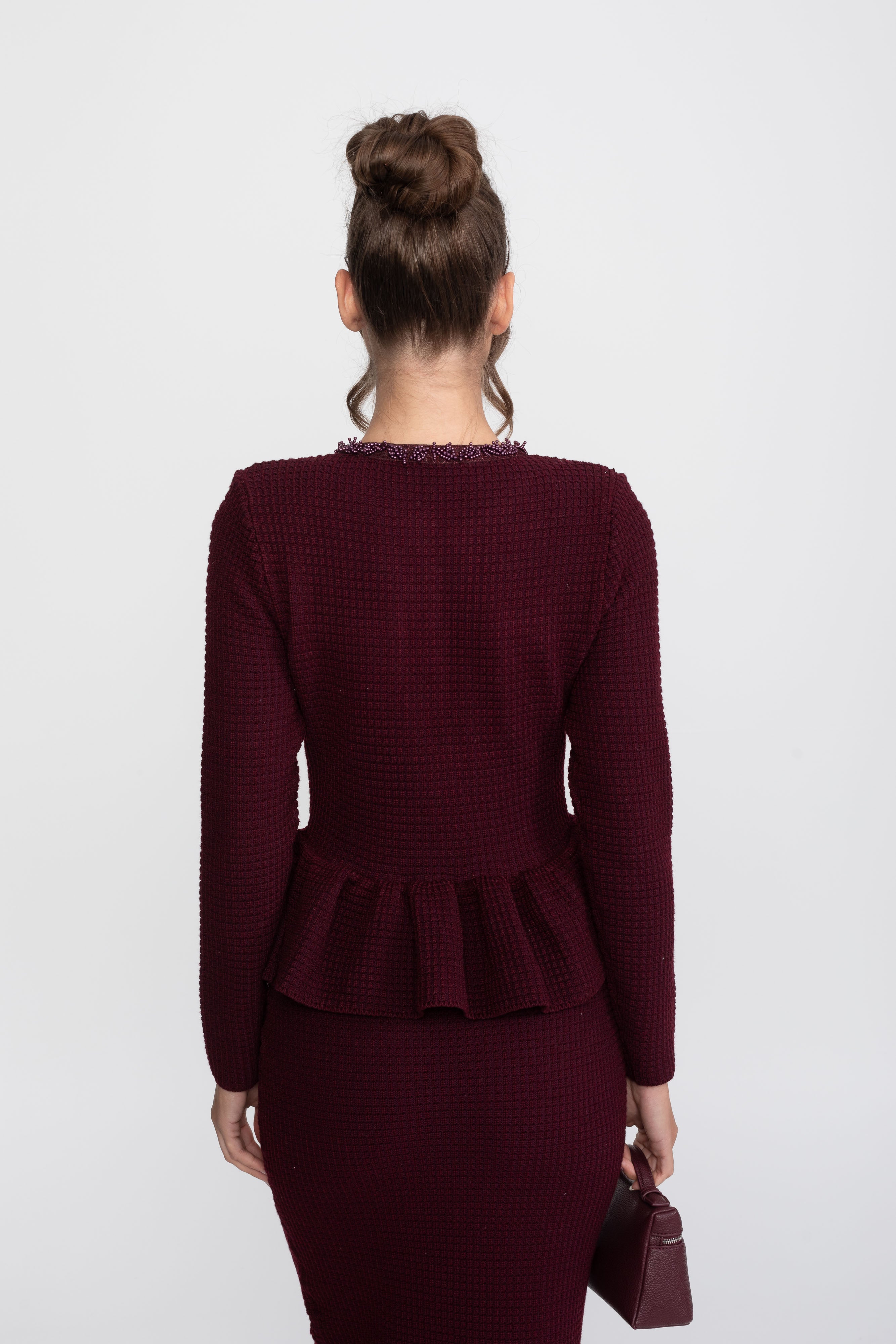Abito Peplum in Maglia con Rifiniture Frangia e Tasche Frontali sul Petto - Burgundy