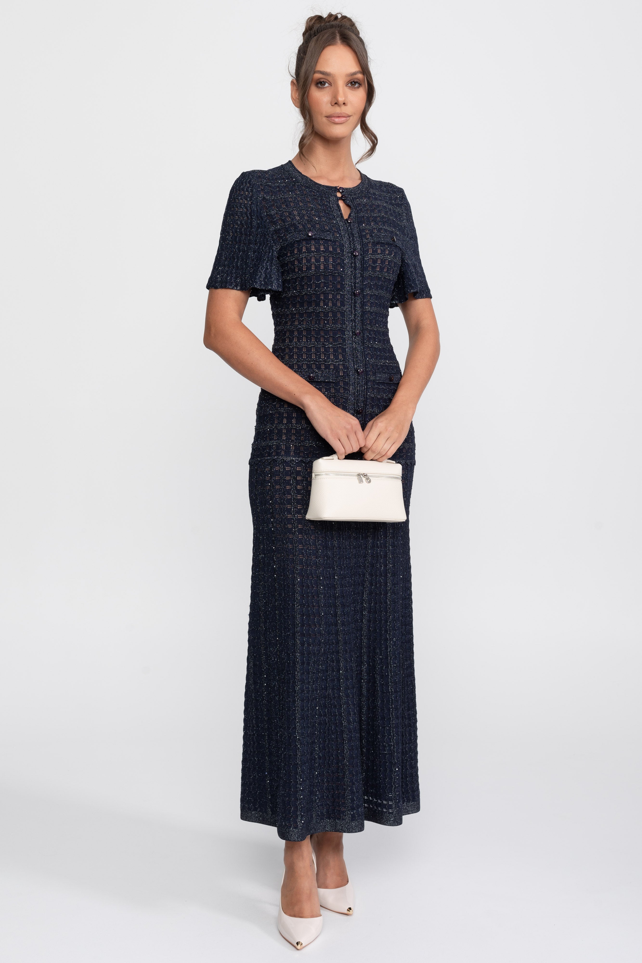 Abito midi a maniche corte con tessuto a maglia scintillante - Navy