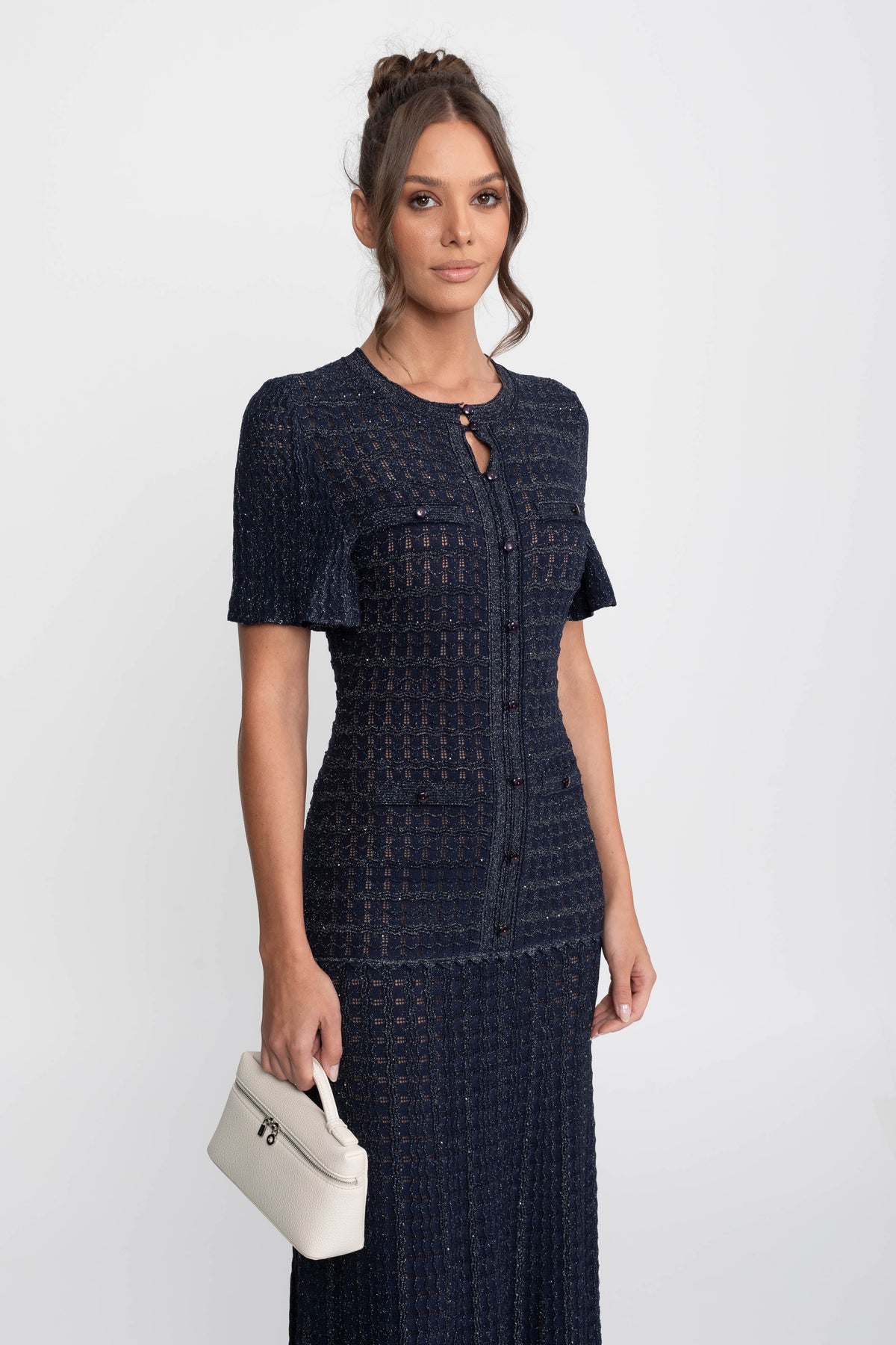 Abito midi a maniche corte con tessuto a maglia scintillante - Navy
