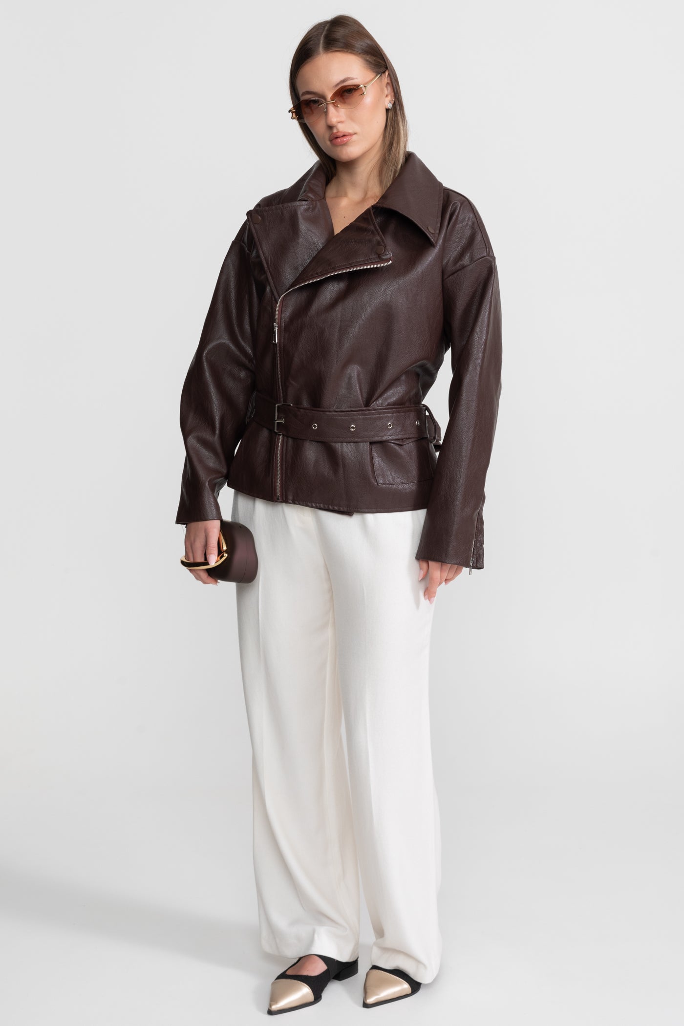 Giacca Biker Cinturata con Ampi Rever – Marrone Cioccolato