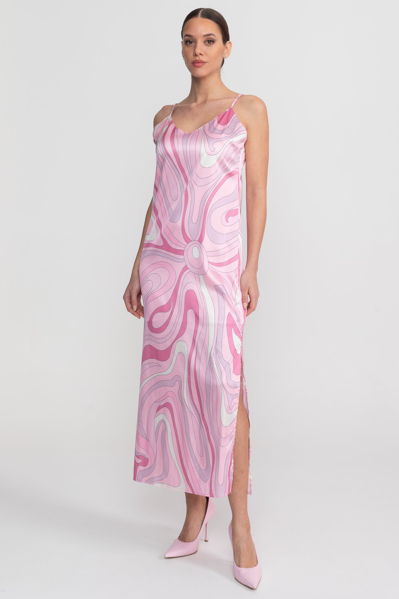 Printed Strappy Midi Dress With Abstract Swirl Pattern - Pink