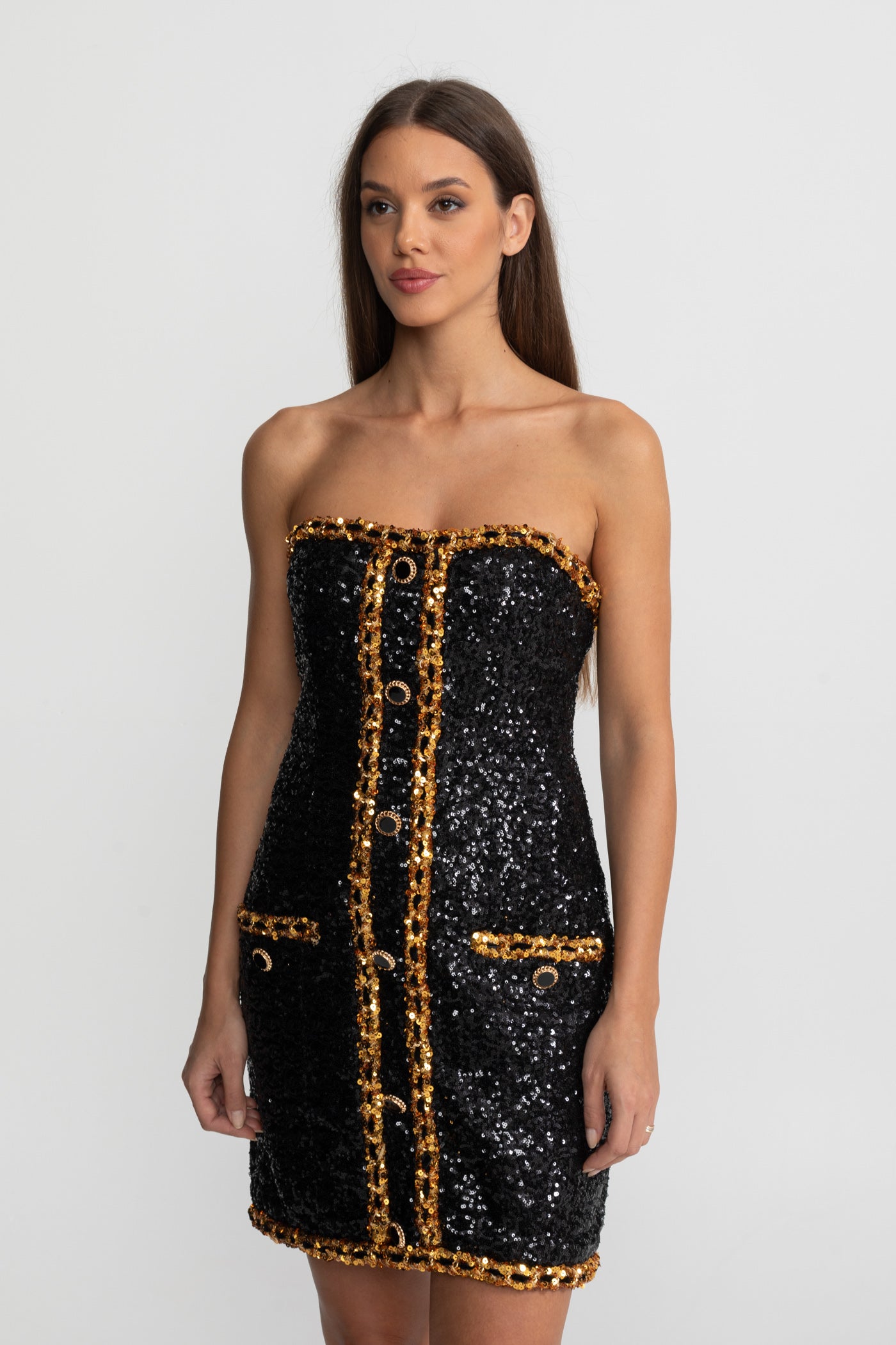 Mini abito senza spalline in paillettes con dettagli in catena – Nero