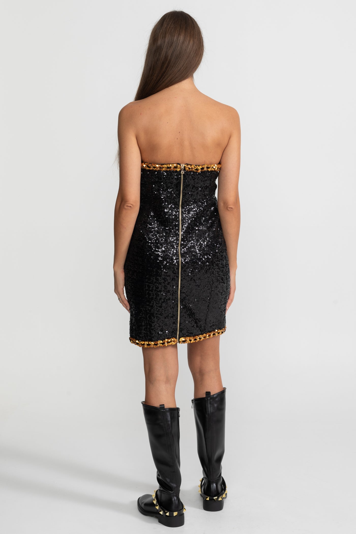 Mini abito senza spalline in paillettes con dettagli in catena – Nero