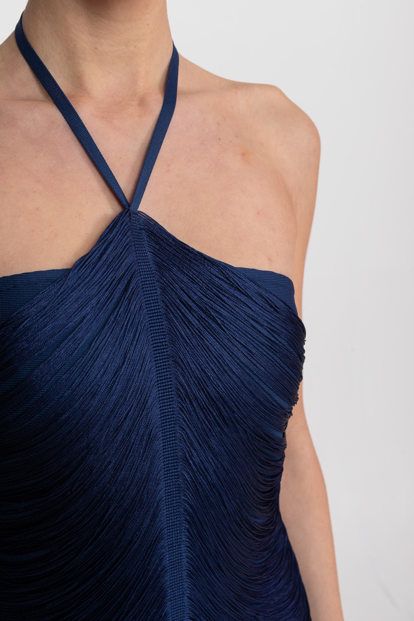 Halter Neck Midi Dress With All-Over Pleated Texture - Blue