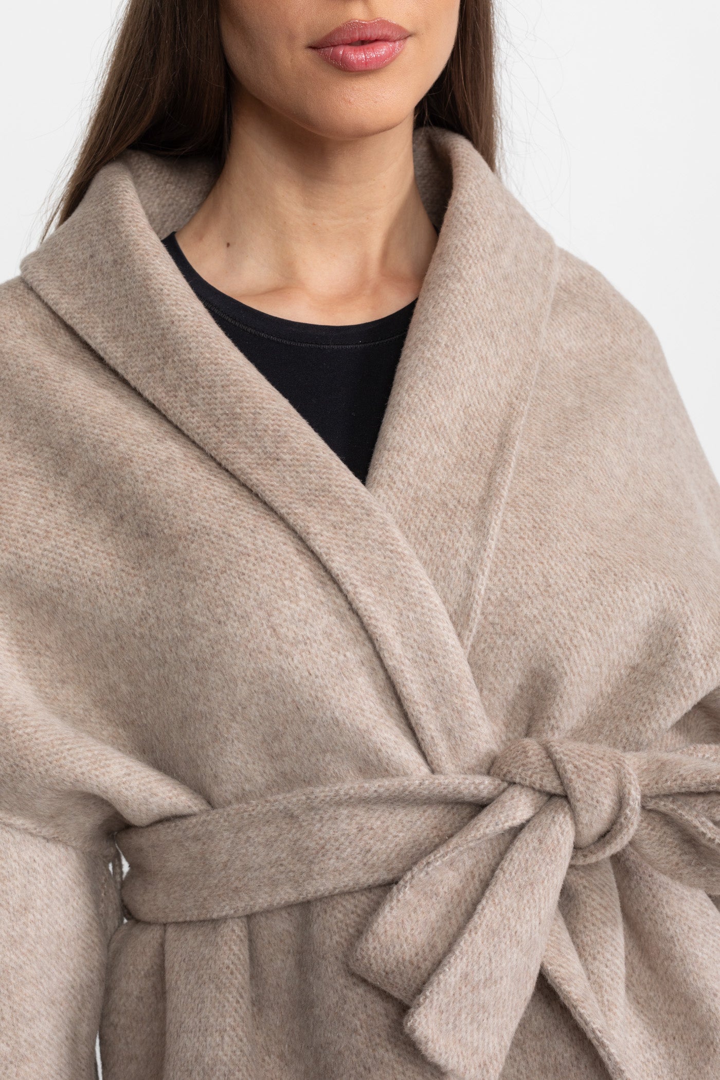 Wool Blend Wrap Jacket with Fox Fur Cuffs – Beige