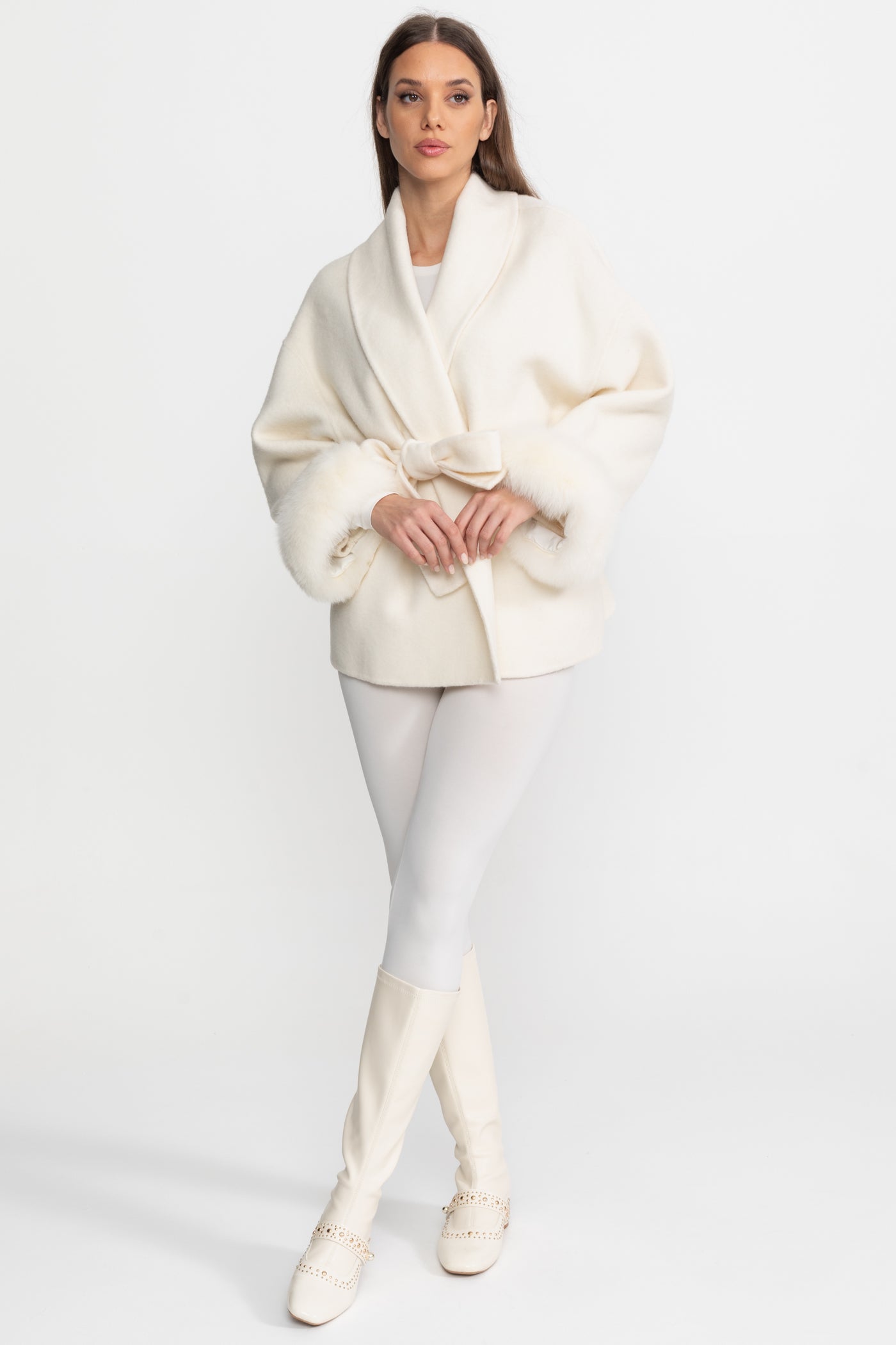 Wool Blend Wrap Jacket with Fox Fur Cuffs - Ivoire