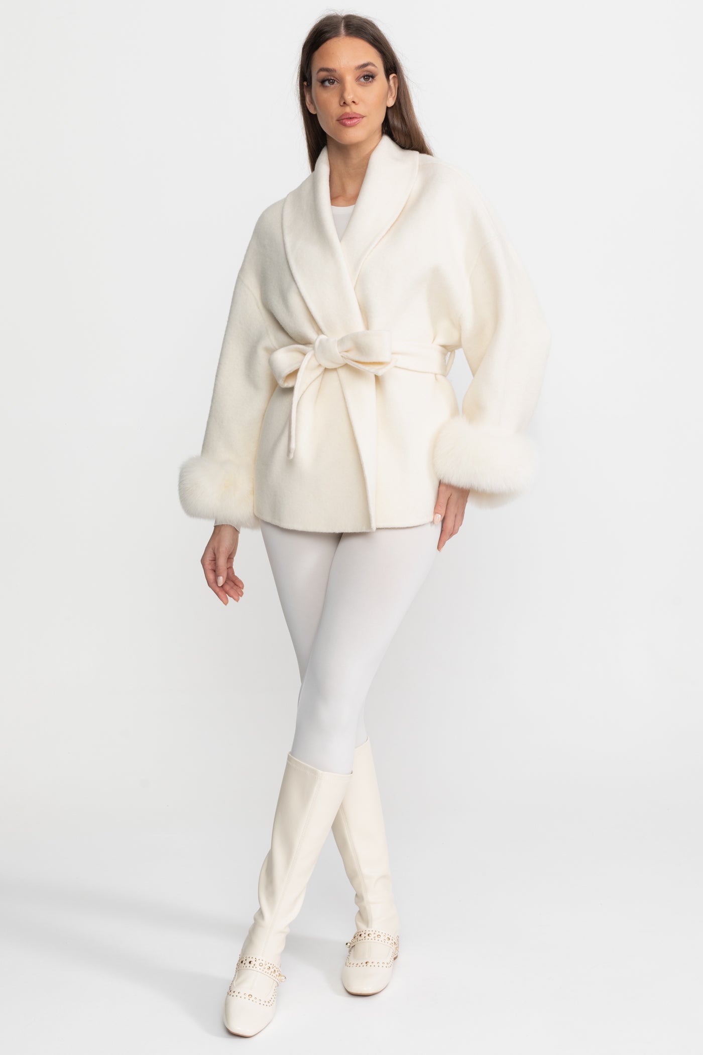 Wool Blend Wrap Jacket with Fox Fur Cuffs - Ivoire