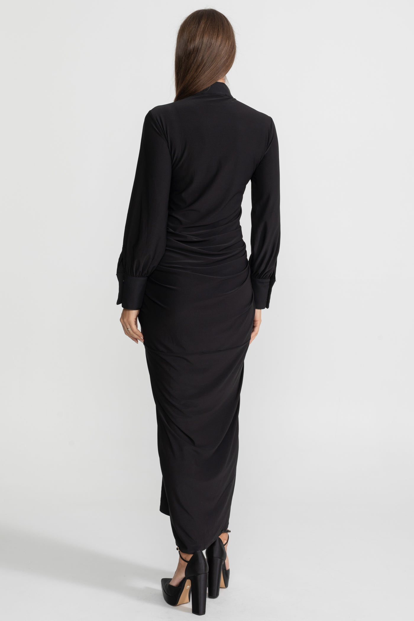 Draped Maxi Dress with Gold Statement Buttons - Black