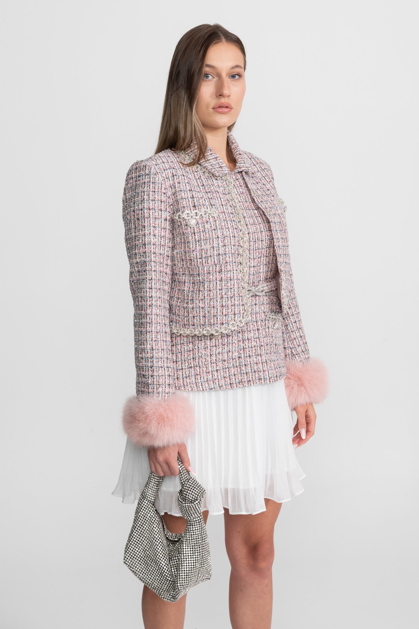 Giacca Tweed Corta con Polsini in Pelliccia Sintetica - Rosa