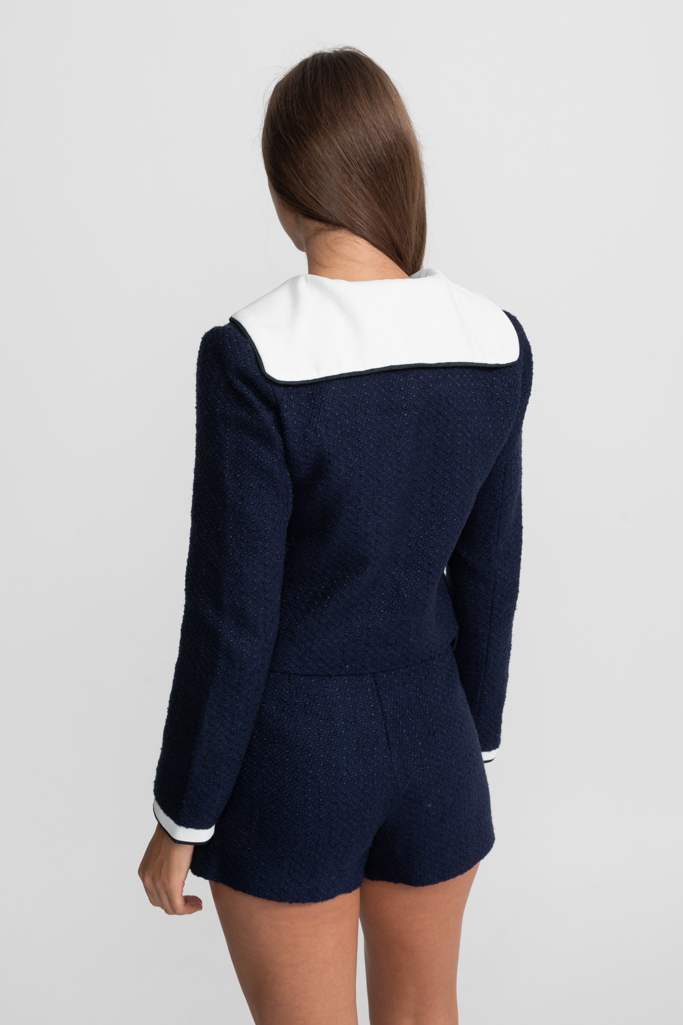 Gonna Mini in Tweed con Cintura e Tasche a Contrasto - Navy