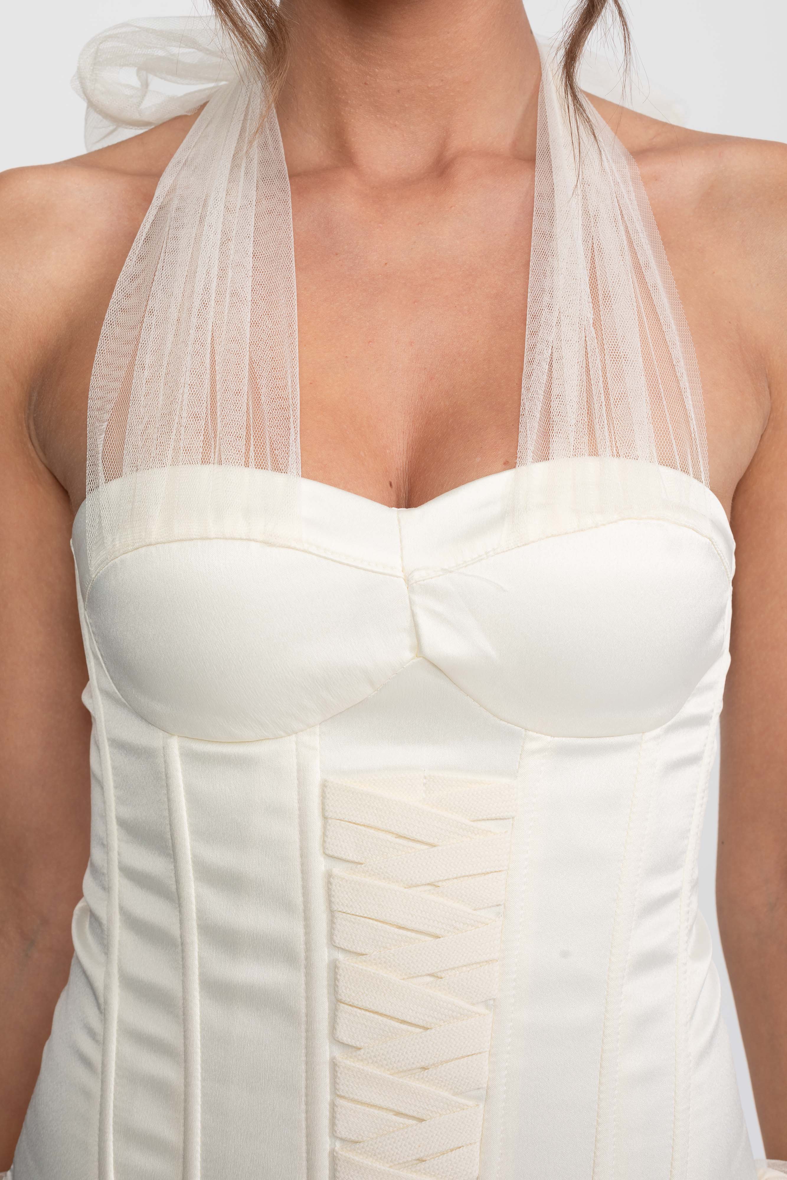 Mini abito Corset Bubble Hem con halter trasparente da annodare - Ivoire