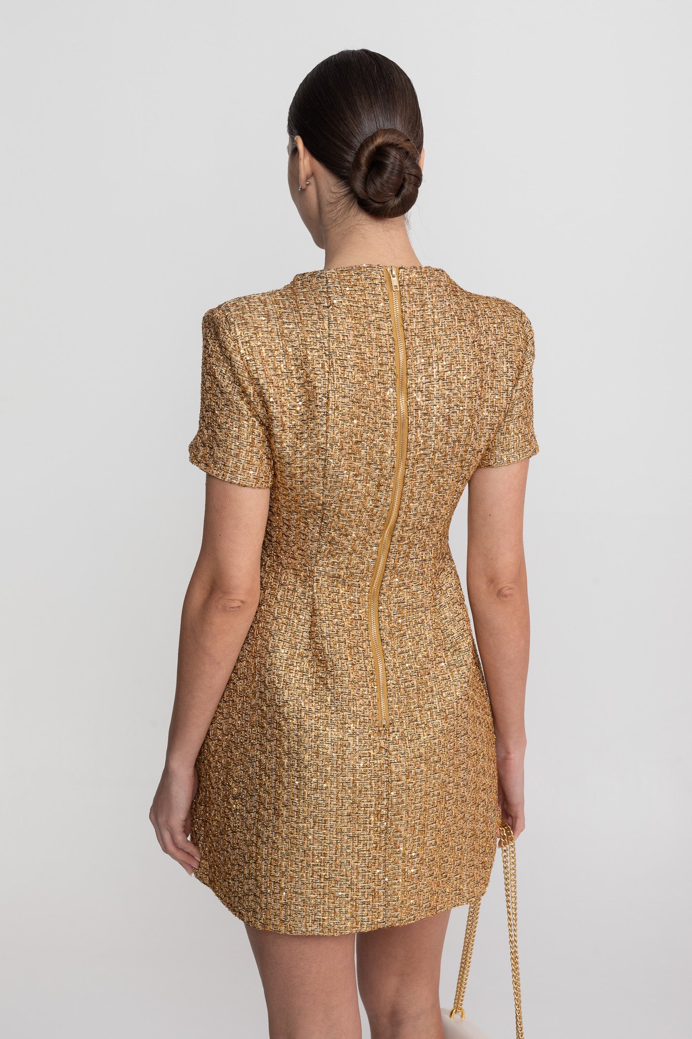 Tweed Mini Dress With Round Neckline And Pearl Button Detail - Gold