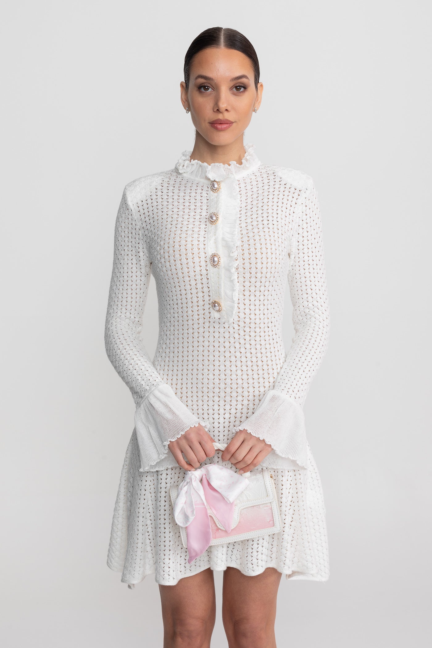Open-Knit Mini Dress With Ruffle High Neck And Pearl Button Placket - White