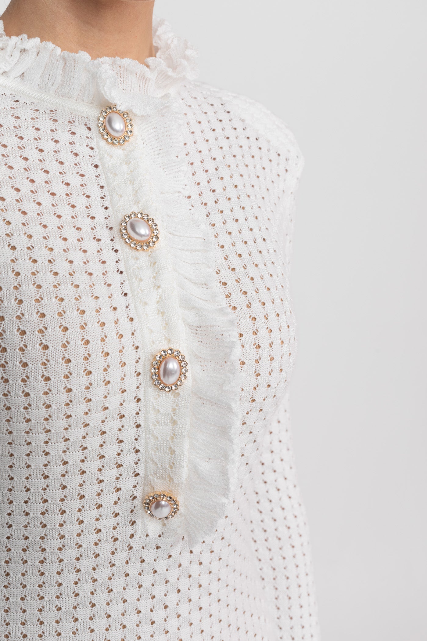 Open-Knit Mini Dress With Ruffle High Neck And Pearl Button Placket - White