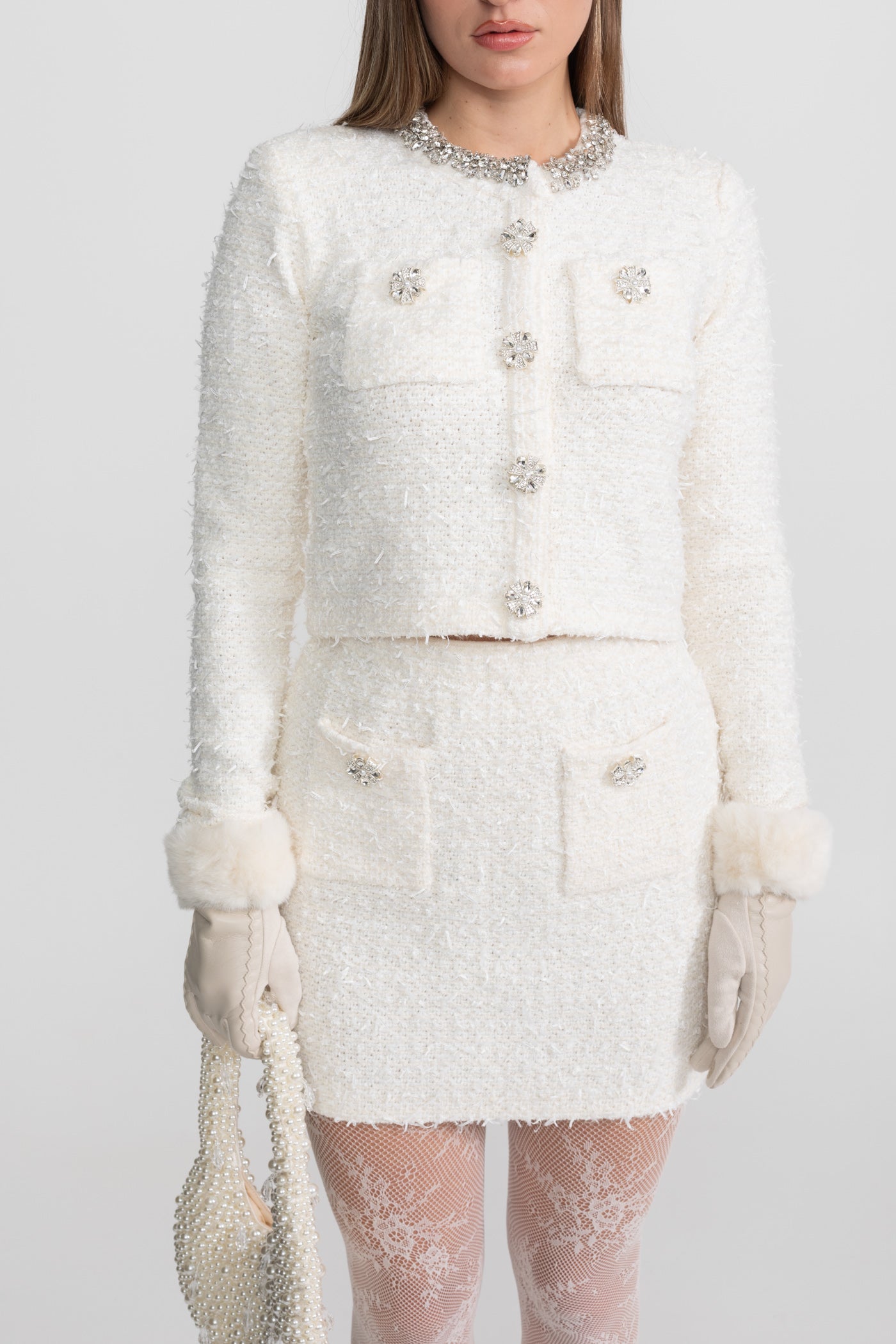 Tweed Blazer With Crystal Embellishments And Buttons - White