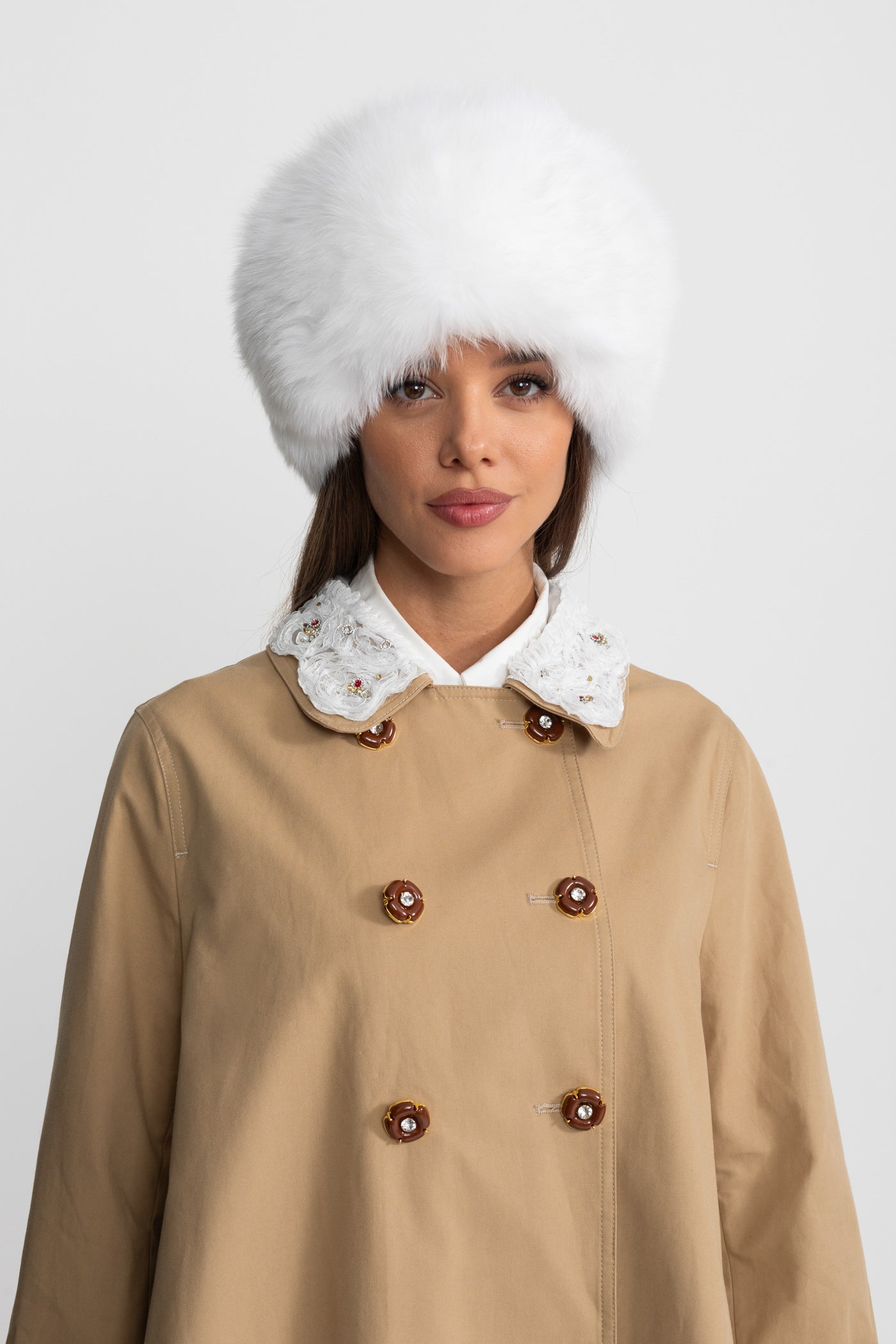 Abito Mini Trench A-Line con Colletto Ricamato – Camel