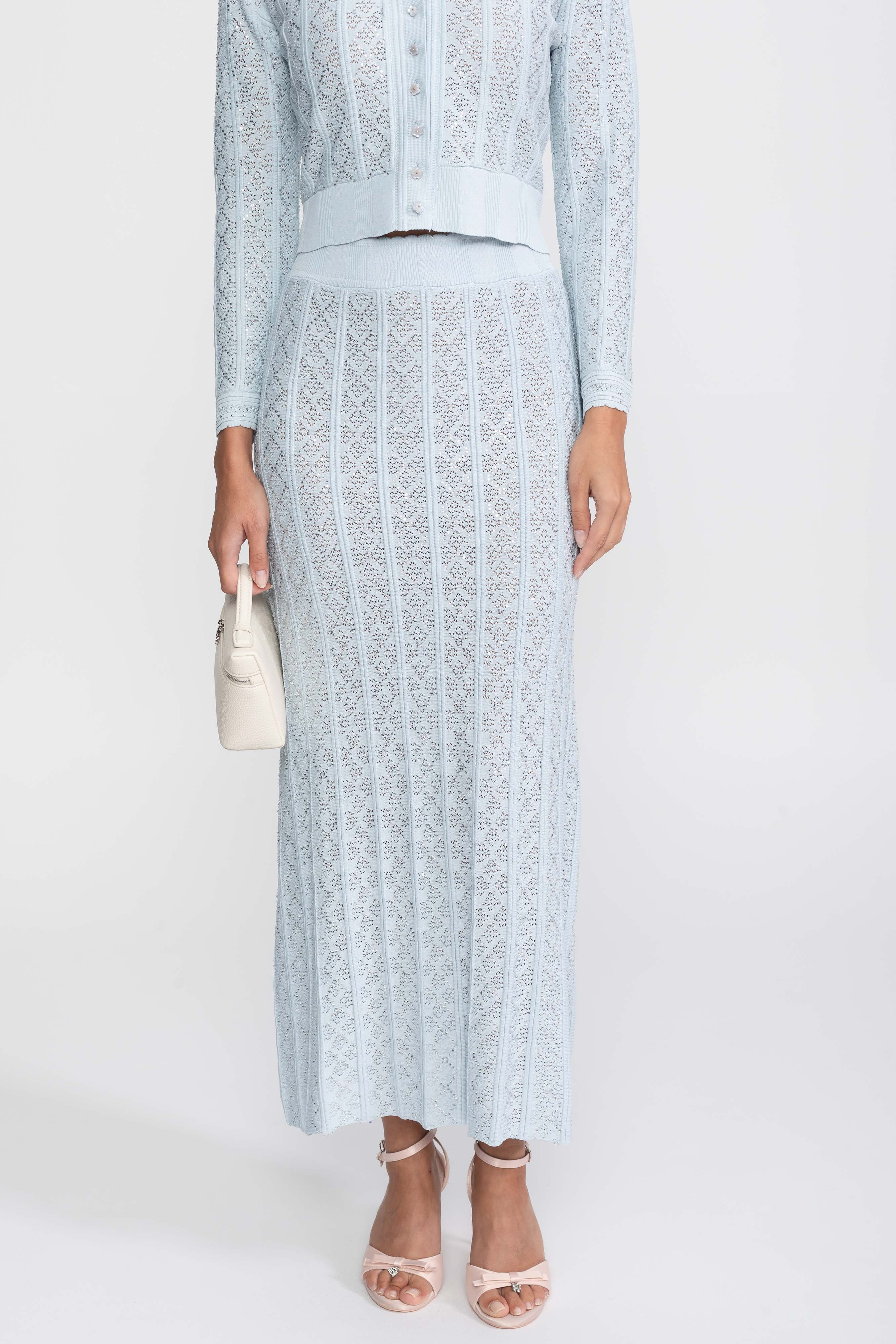 Completo coordinato in maglia con ricami eyelet, cardigan e gonna maxi - Light Blue
