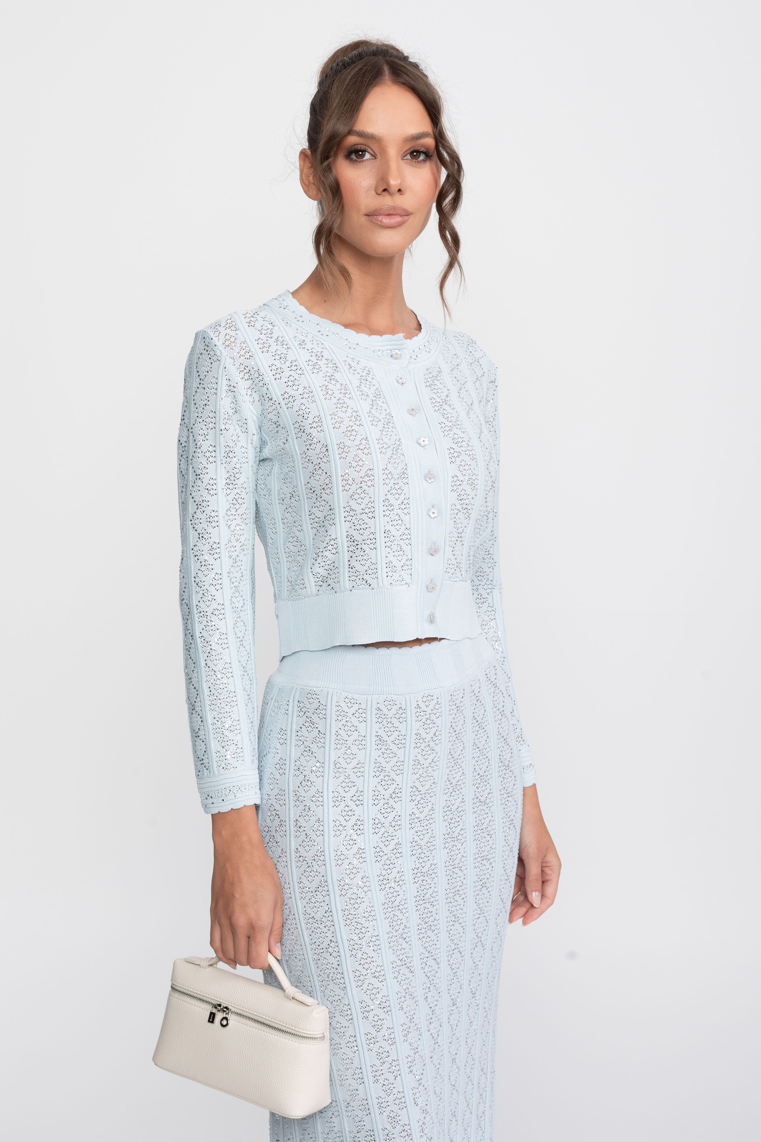 Completo coordinato in maglia con ricami eyelet, cardigan e gonna maxi - Light Blue