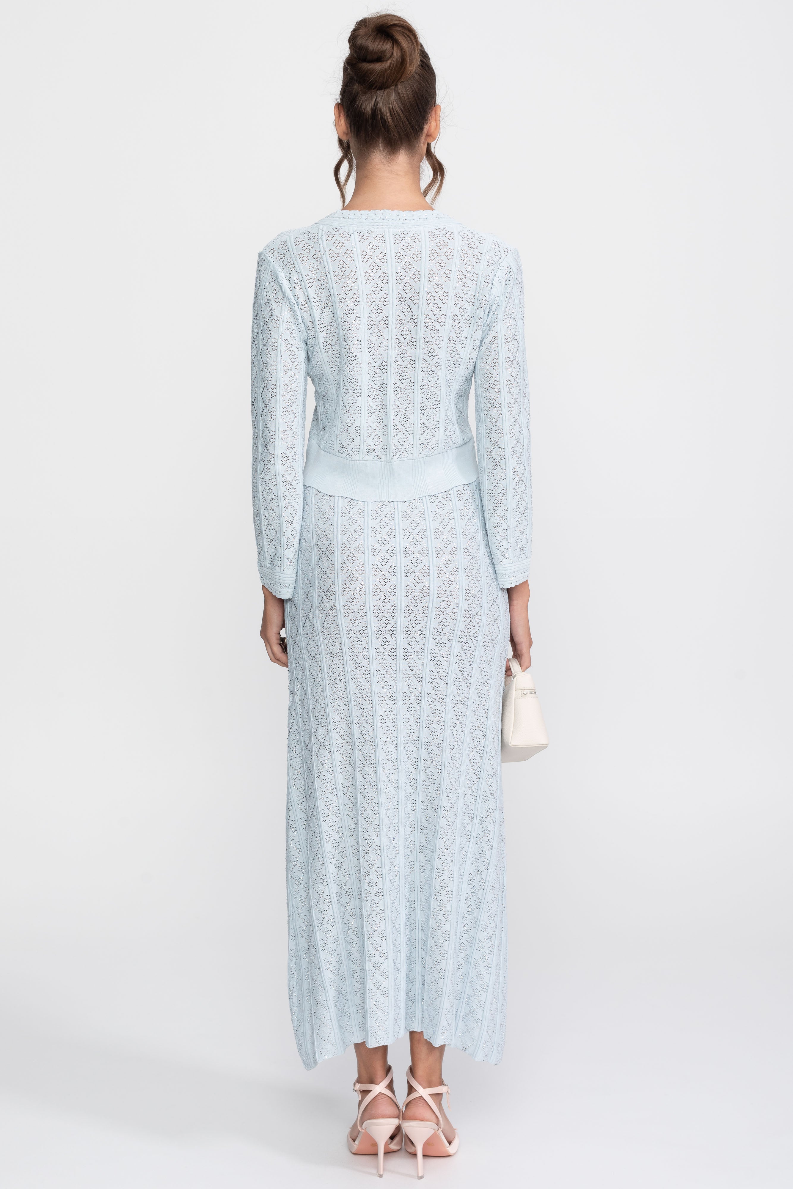 Completo coordinato in maglia con ricami eyelet, cardigan e gonna maxi - Light Blue