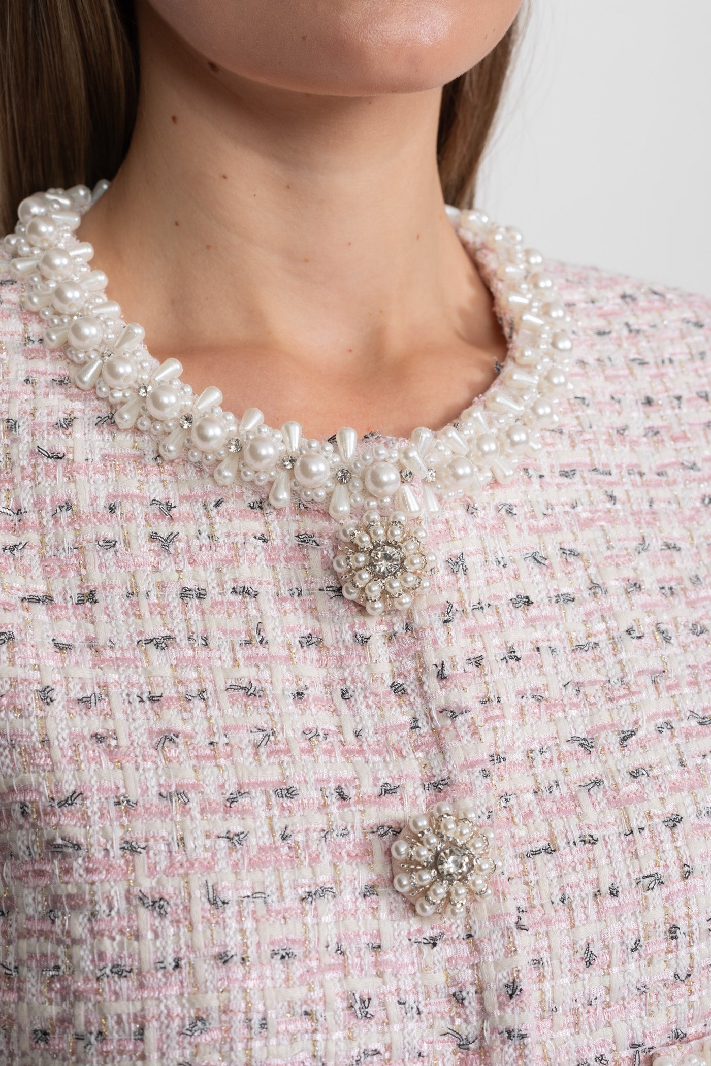 Short Sleeve Pearl-Embellished Top With Sparkling Buttons - Pink