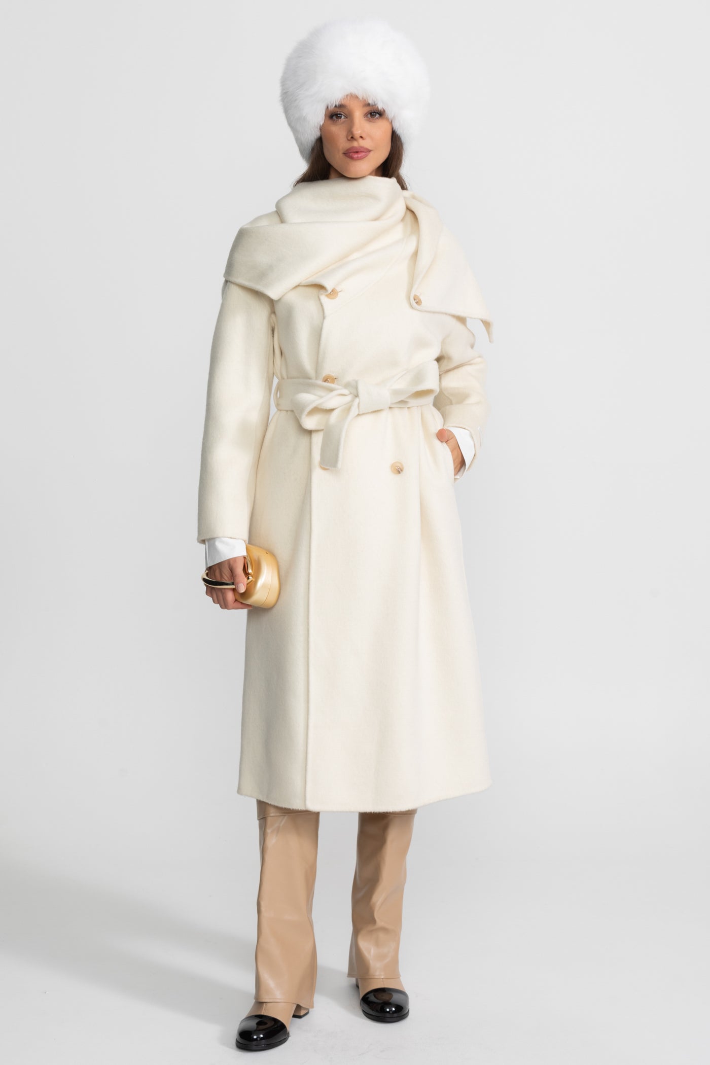 Midi Coat with Oversized Scarf Collar - Beige